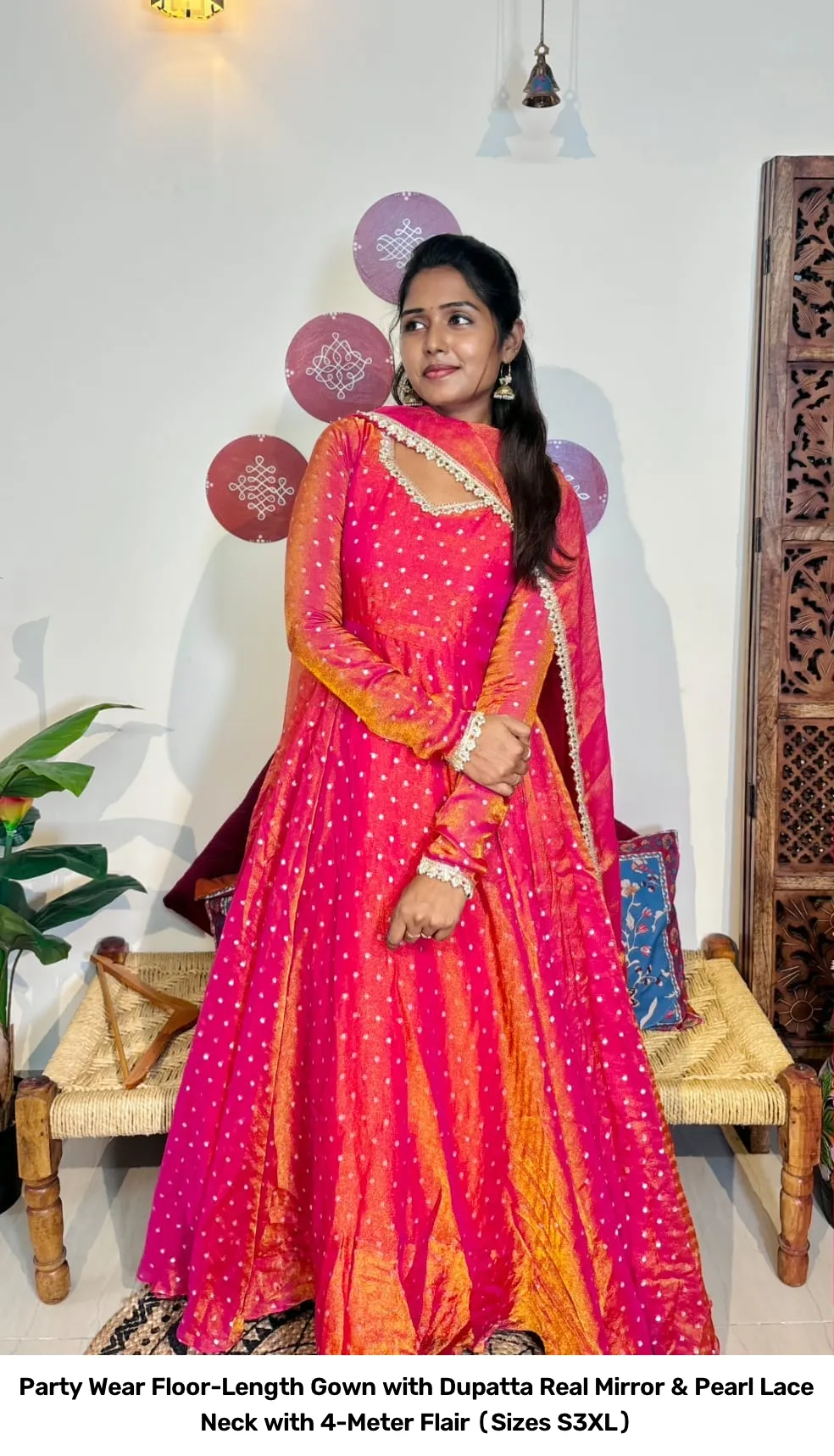 Party Wear Floor-Length Gown with Dupatta – Real Mirror & Pearl Lace Neck with 4-Meter Flair (Sizes S–3XL) 14