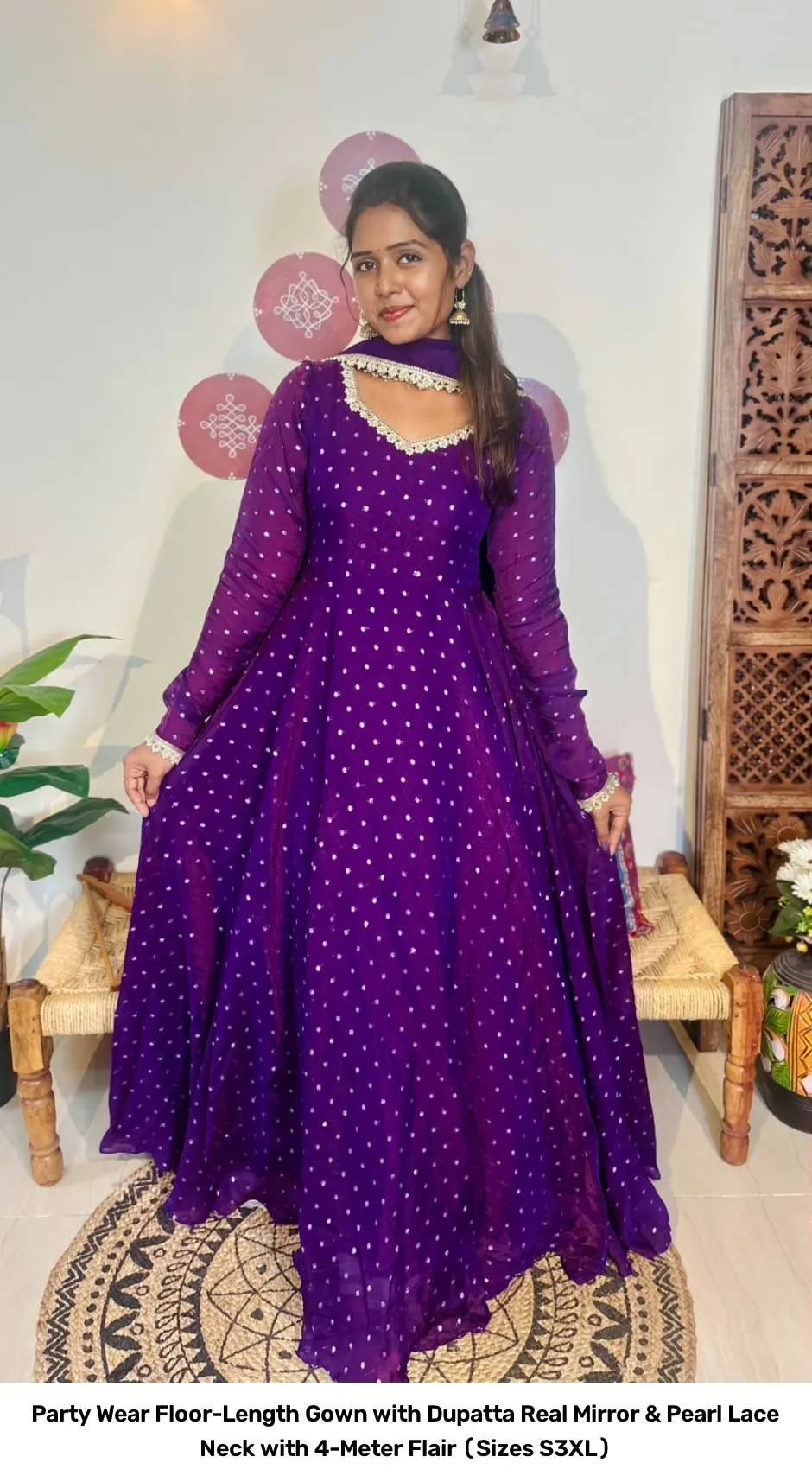Party Wear Floor-Length Gown with Dupatta – Real Mirror & Pearl Lace Neck with 4-Meter Flair (Sizes S–3XL) 16