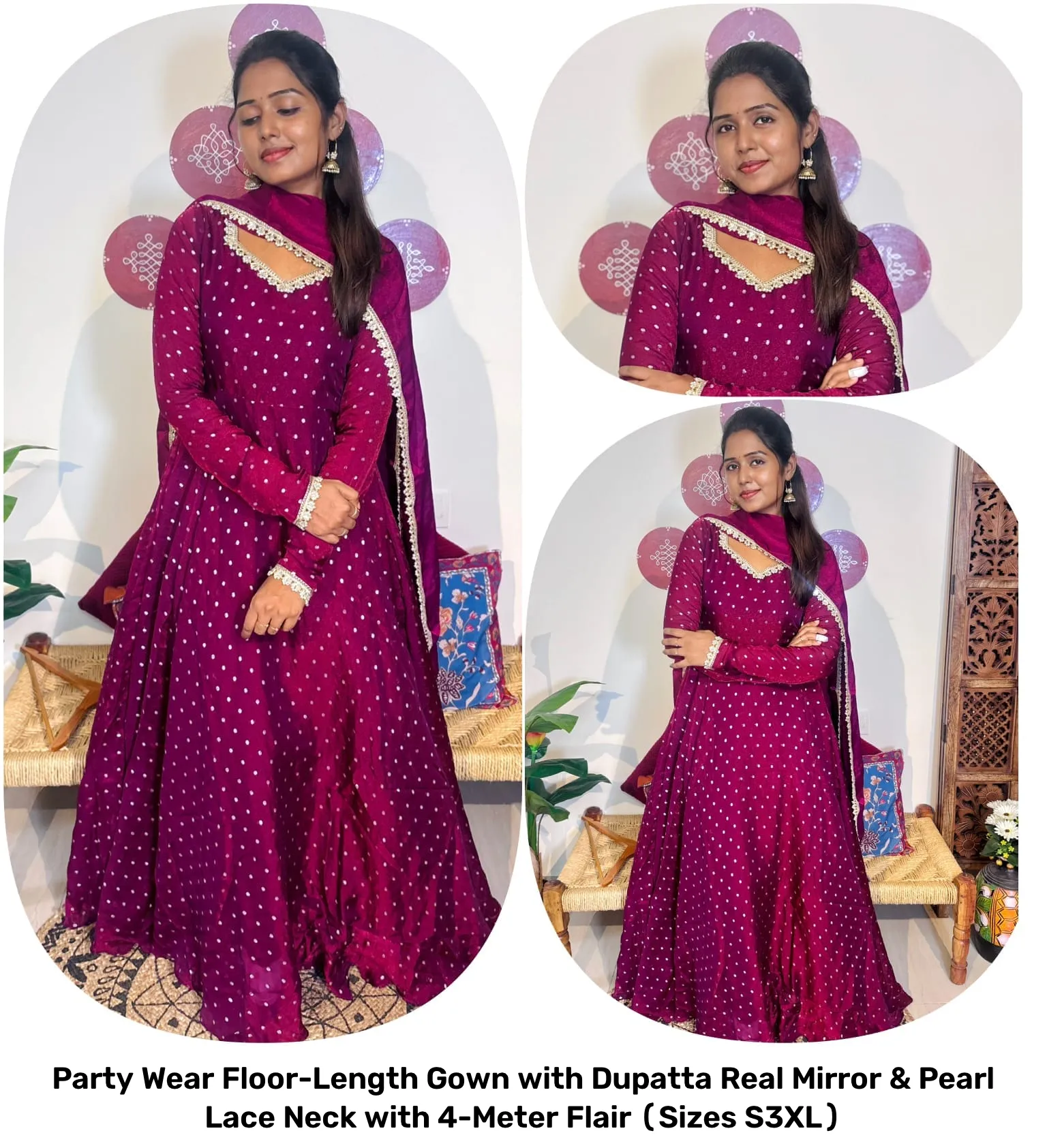 Party Wear Floor-Length Gown with Dupatta – Real Mirror & Pearl Lace Neck with 4-Meter Flair (Sizes S–3XL) 17