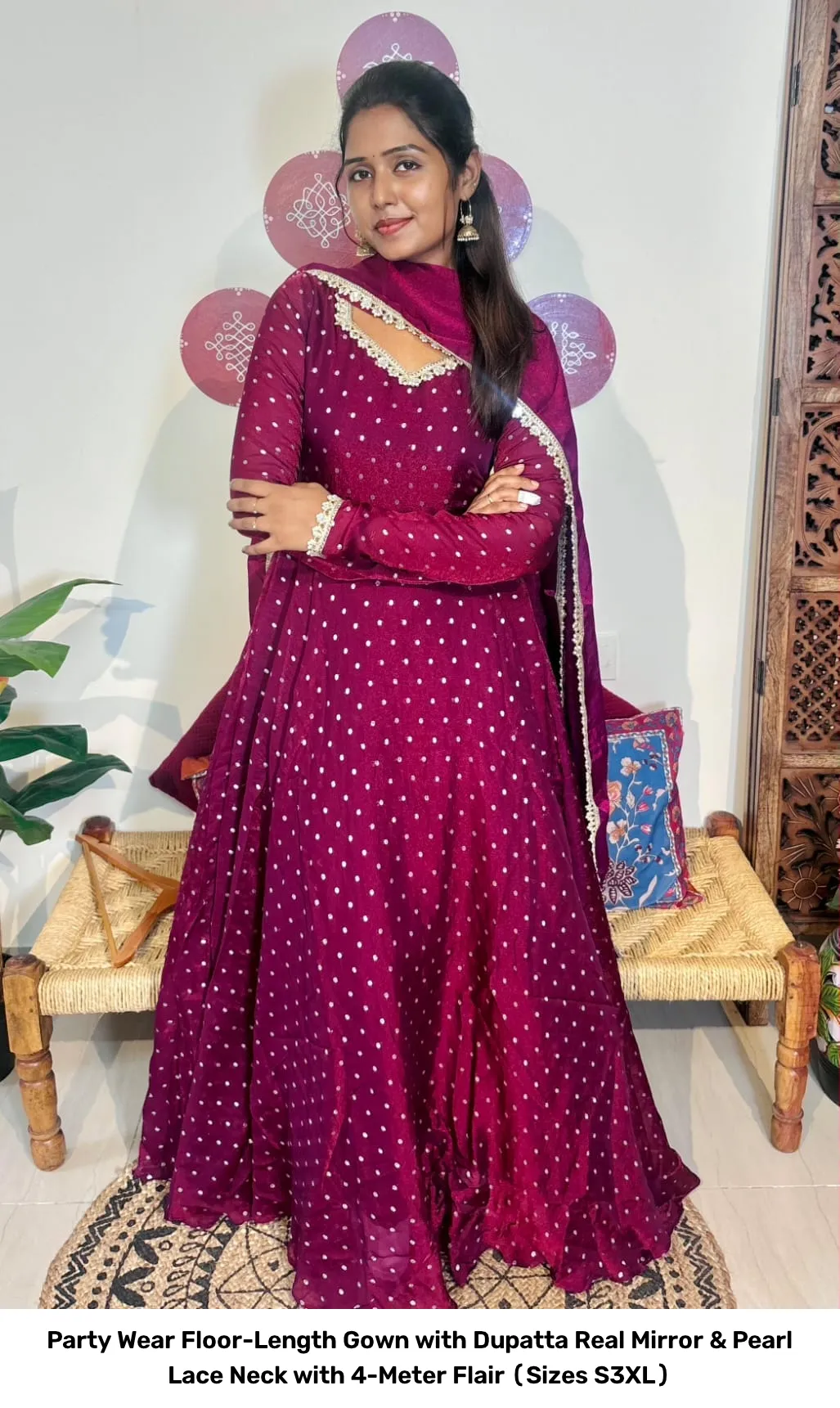 Party Wear Floor-Length Gown with Dupatta – Real Mirror & Pearl Lace Neck with 4-Meter Flair (Sizes S–3XL) 2