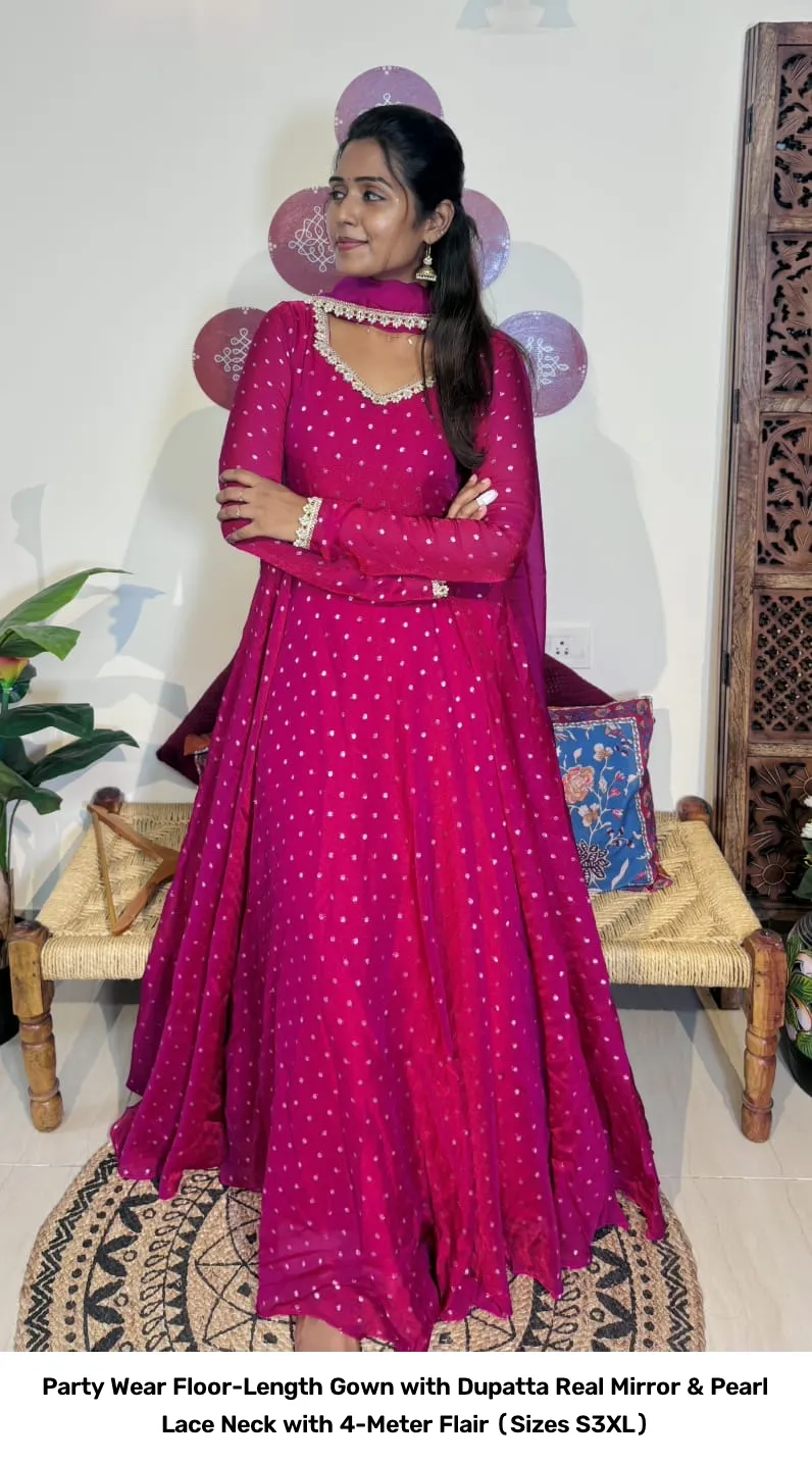 Party Wear Floor-Length Gown with Dupatta – Real Mirror & Pearl Lace Neck with 4-Meter Flair (Sizes S–3XL) 3