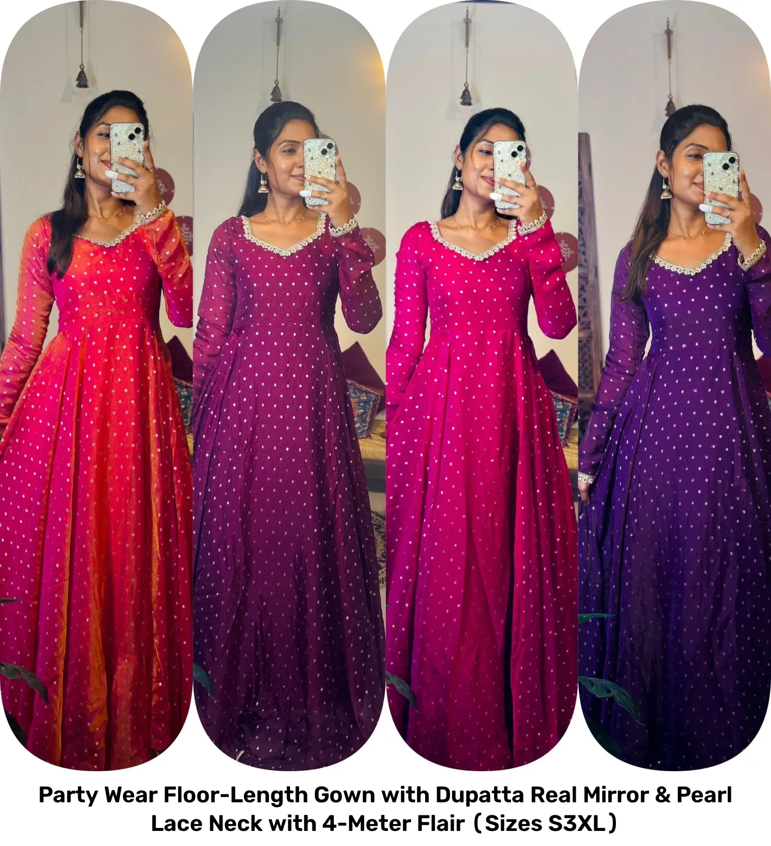 Party Wear Floor-Length Gown with Dupatta – Real Mirror & Pearl Lace Neck with 4-Meter Flair (Sizes S–3XL) 9