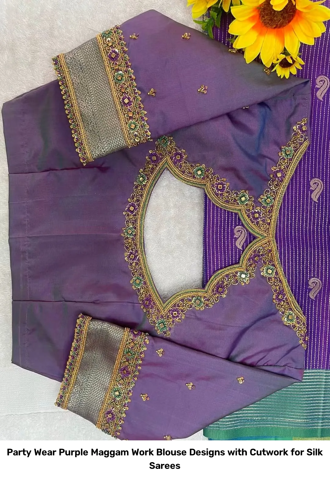 Party Wear Purple Maggam Work Blouse Designs with Cutwork for Silk Sarees 2