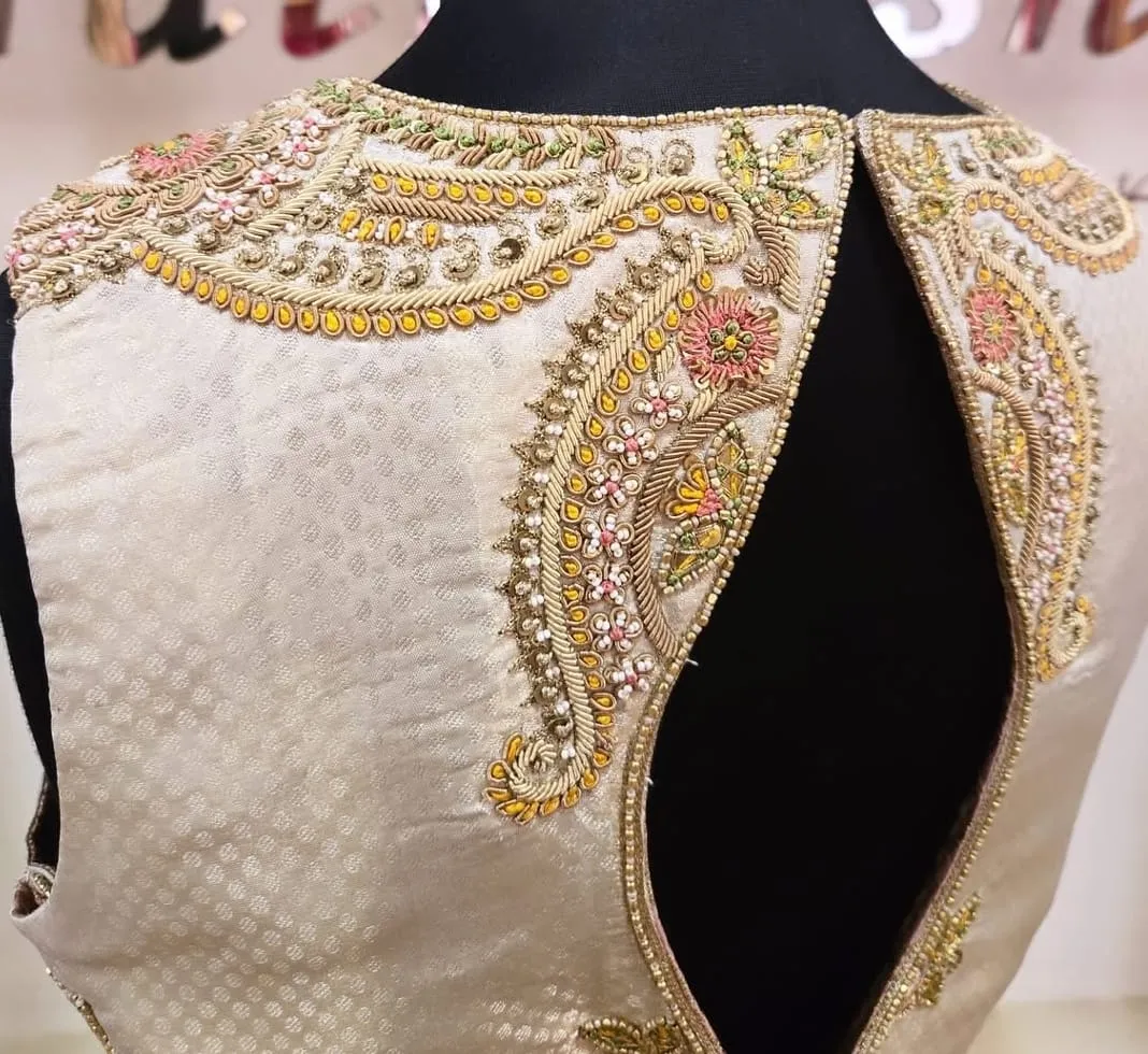 Party Wear Readymade Off-White Silk Blouse with Heavy Zardosi & Stone Maggam Work