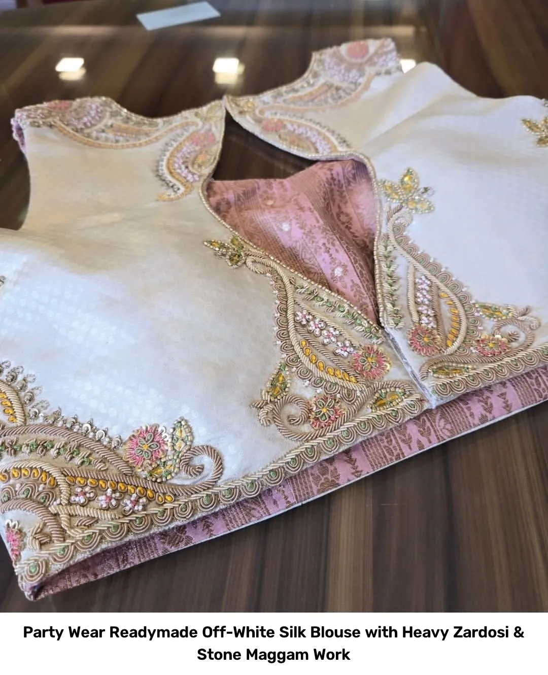 Party Wear Readymade Off-White Silk Blouse with Heavy Zardosi & Stone Maggam Work 2