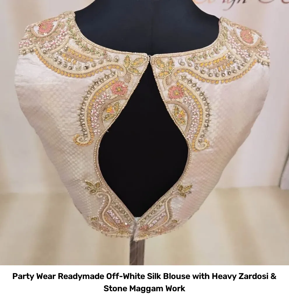 Party Wear Readymade Off-White Silk Blouse with Heavy Zardosi & Stone Maggam Work 3