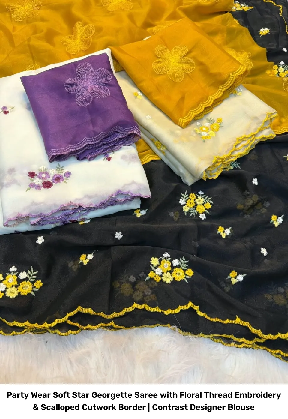 Party Wear Soft Star Georgette Saree with Floral Thread Embroidery & Scalloped Cutwork Border | Contrast Designer Blouse 2