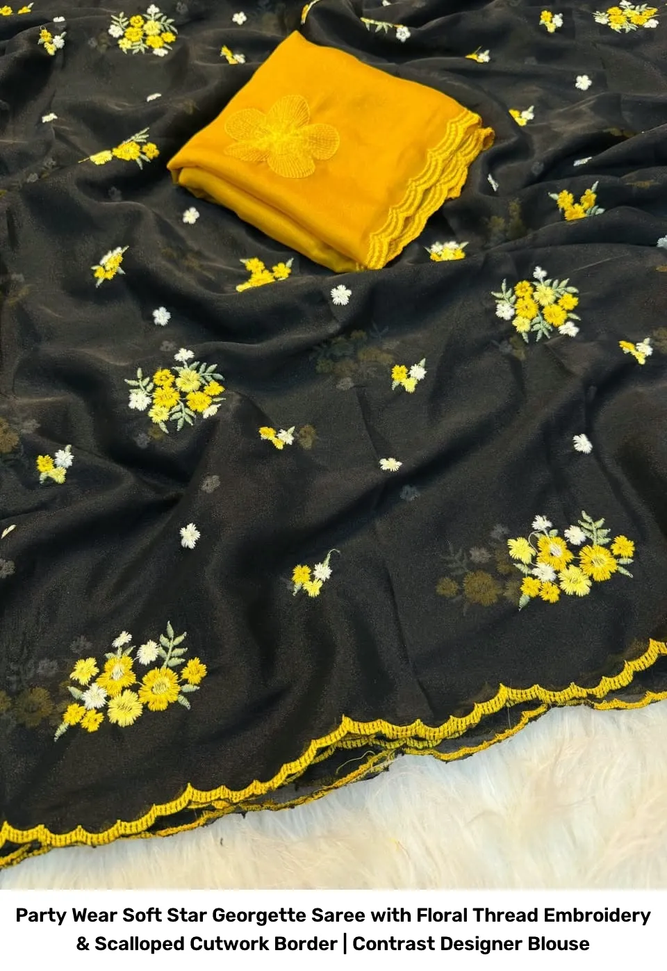 Party Wear Soft Star Georgette Saree with Floral Thread Embroidery & Scalloped Cutwork Border | Contrast Designer Blouse 3