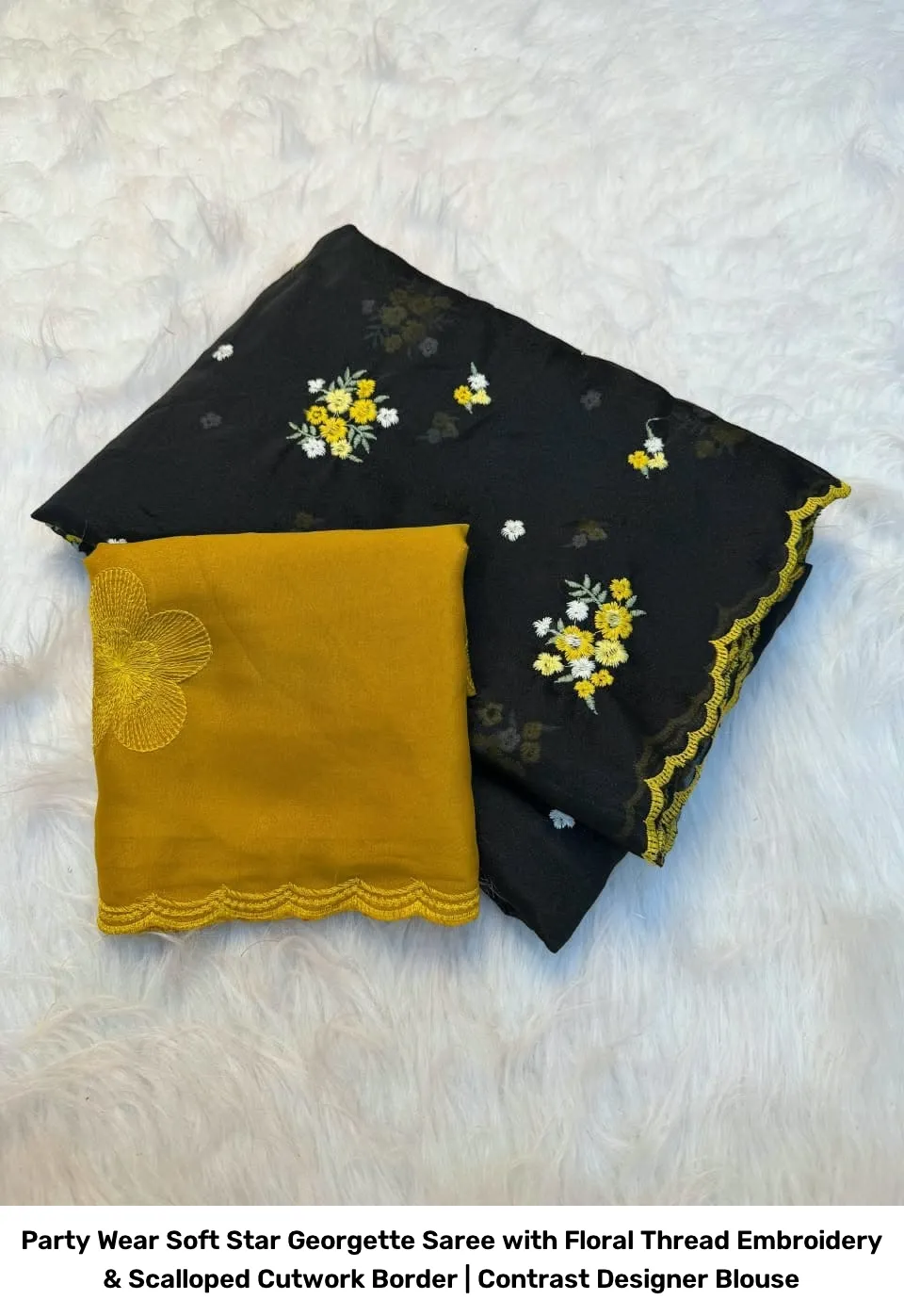 Party Wear Soft Star Georgette Saree with Floral Thread Embroidery & Scalloped Cutwork Border | Contrast Designer Blouse 9