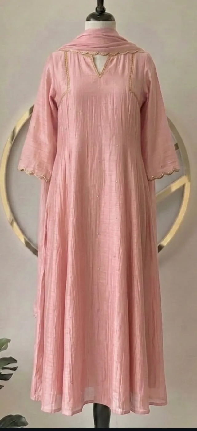 Pastel Baby Pink Chanderi Silk Flared Anarkali Suit Set with Scallop Neckline & Dupatta | Subtle Festive Kurta Set 1