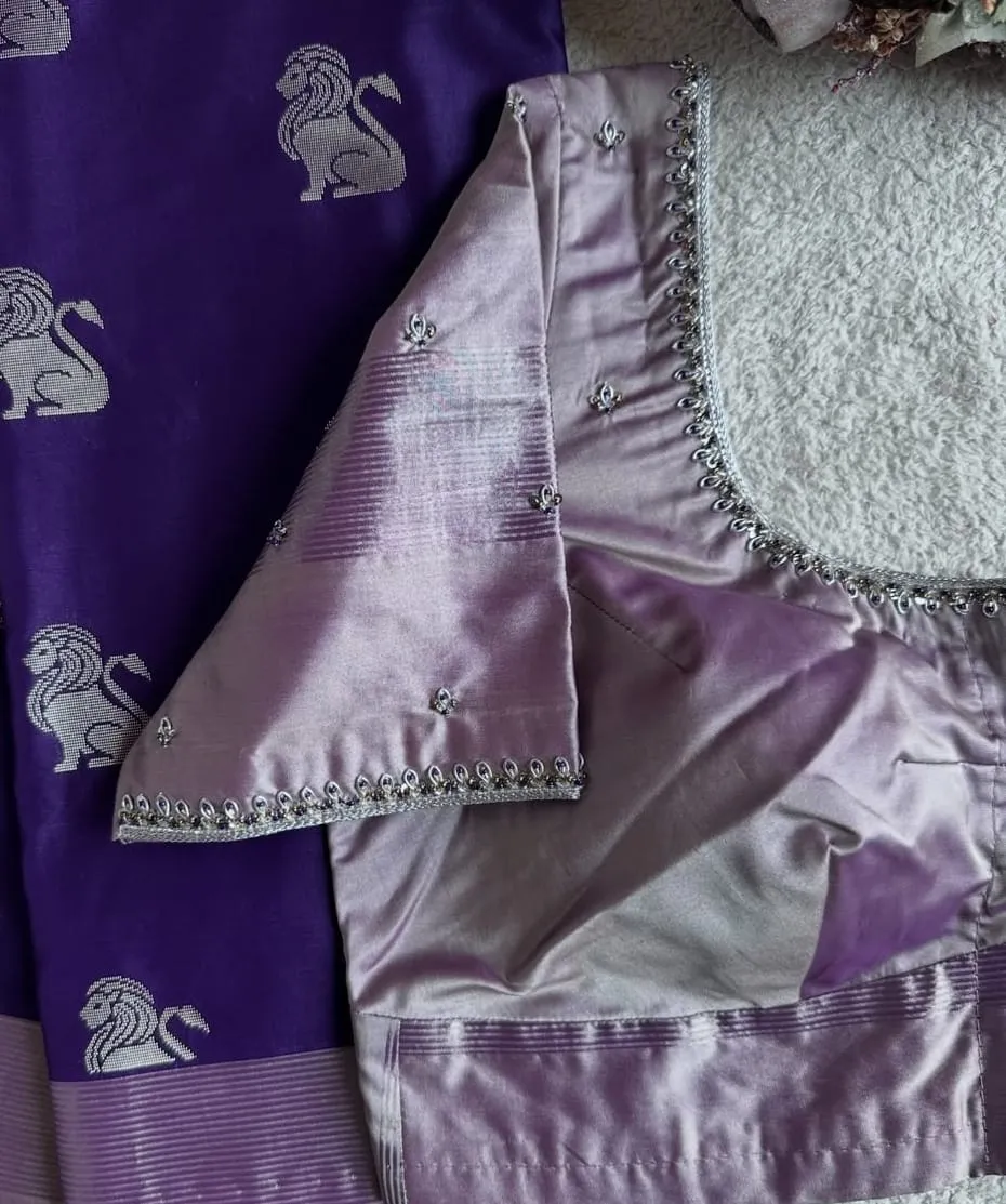 Pastel Lavender Raw Silk Blouse with Hand Embroidered Silver Bead Neckline & Zari Sleeves – Ready to Wear / Custom Stitch