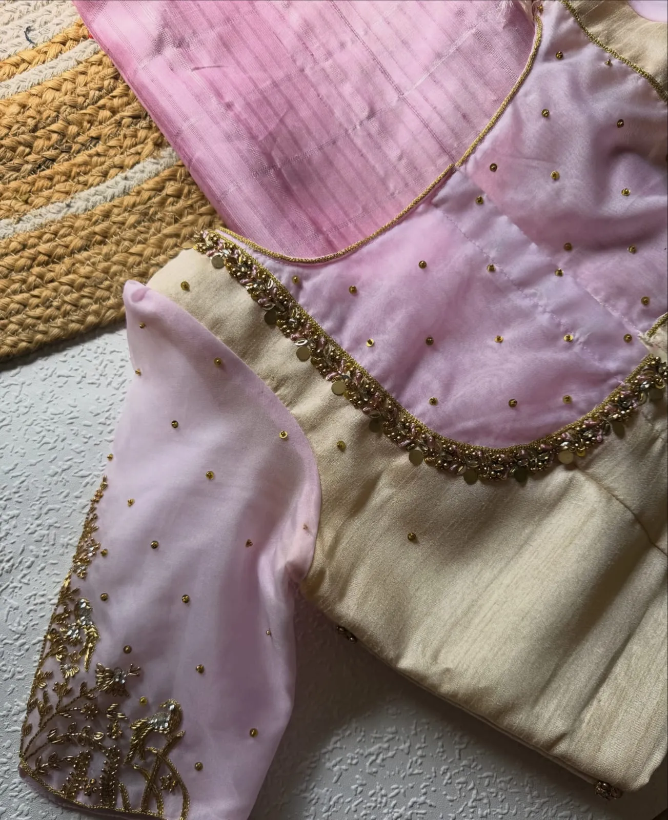 Pastel Pink & Cream Raw Silk Readymade Saree Blouse with Hand-Embroidered Zardozi Neckline & Organza Sleeves | Designer Bridal Blouse