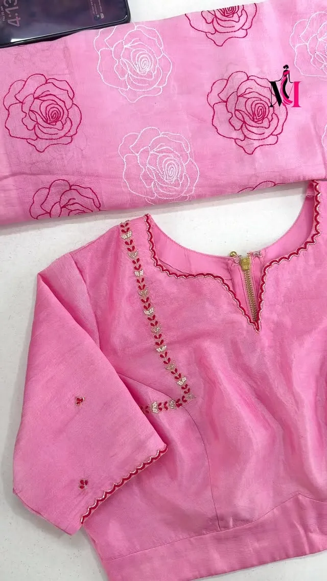 Pastel Pink Embroidered Saree with Scallop Neck Blouse | Floral Thread Work Silk