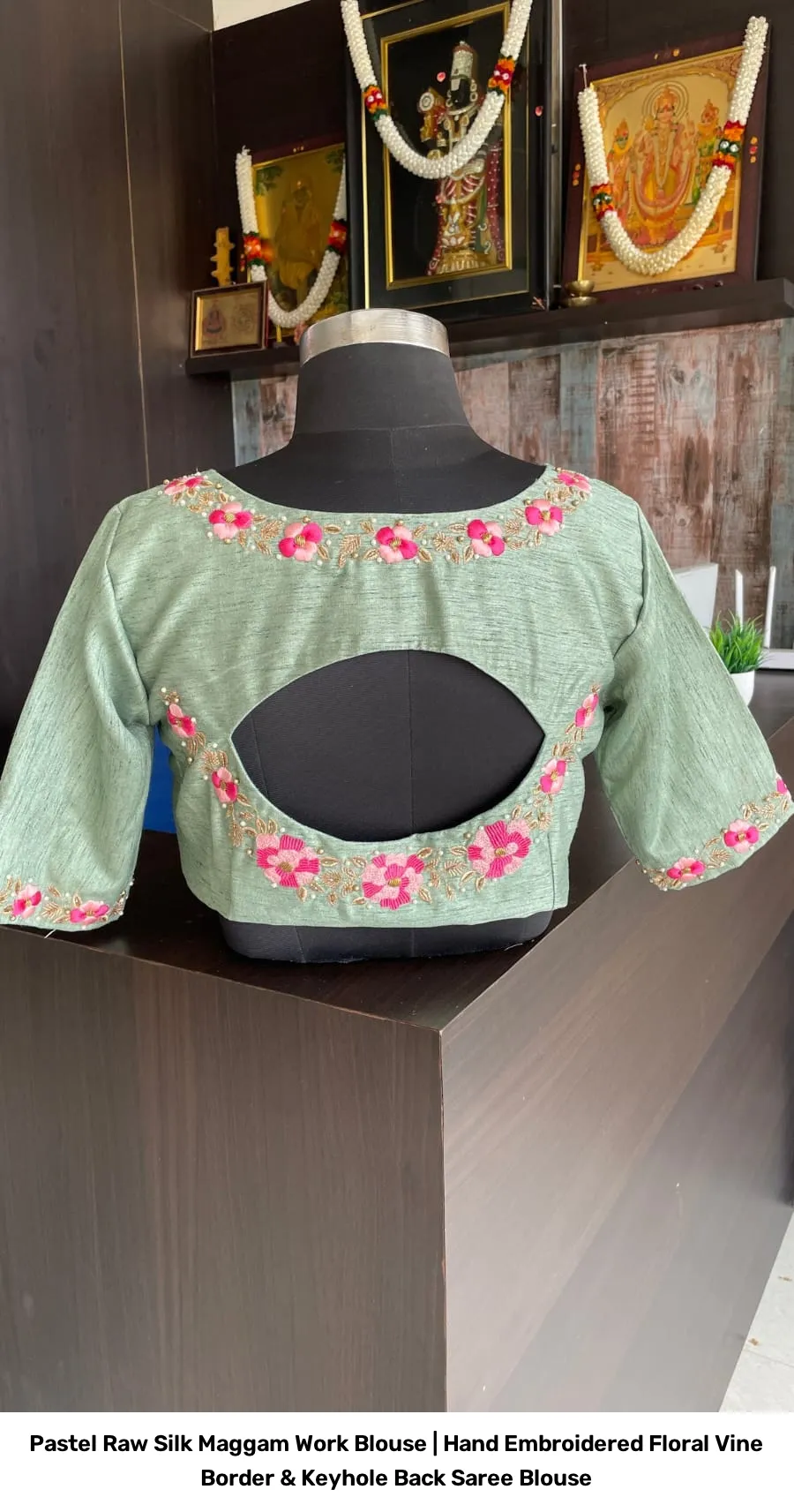 Pastel Raw Silk Maggam Work Blouse | Hand Embroidered Floral Vine Border & Keyhole Back Saree Blouse 5