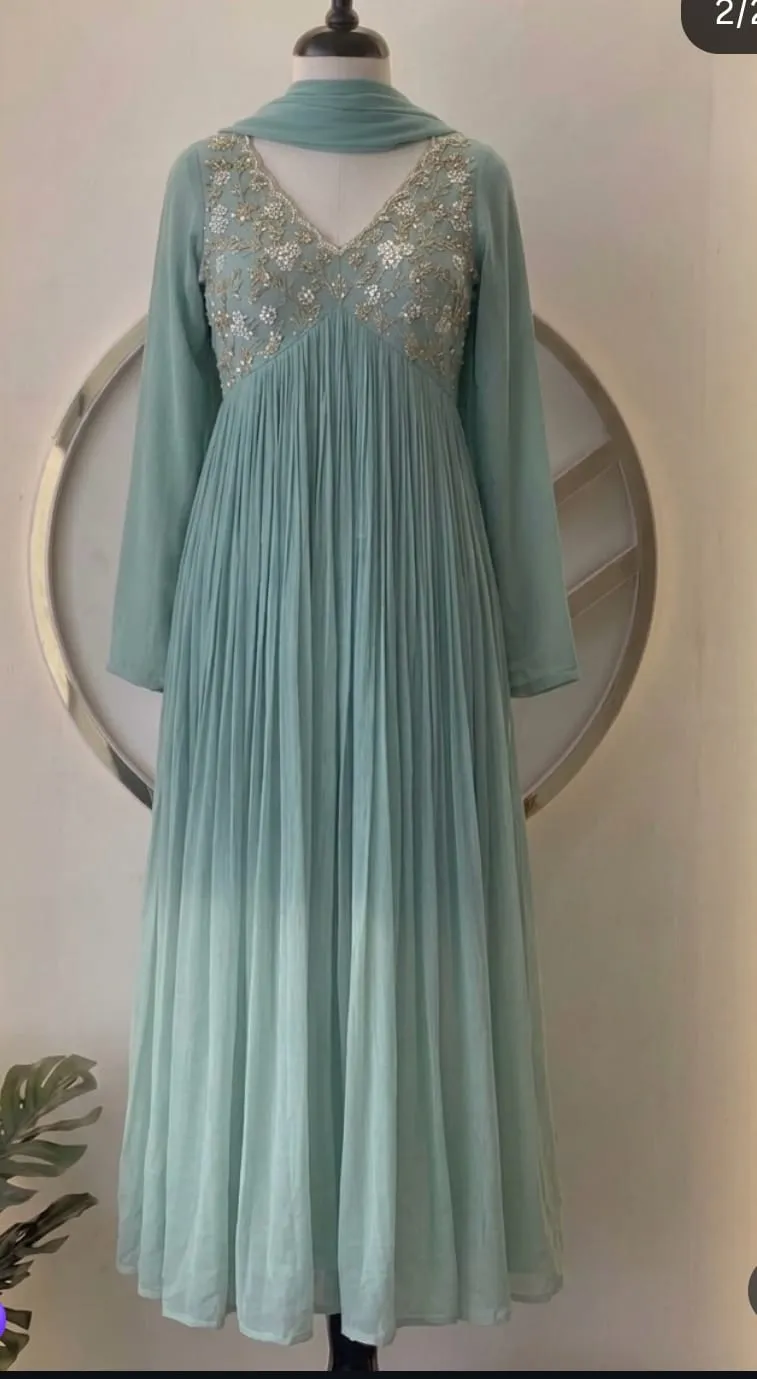 Pastel Sage Green Pleated Georgette Anarkali Suit Set | Hand-Embroidered Sequin Yoke Gown with Dupatta