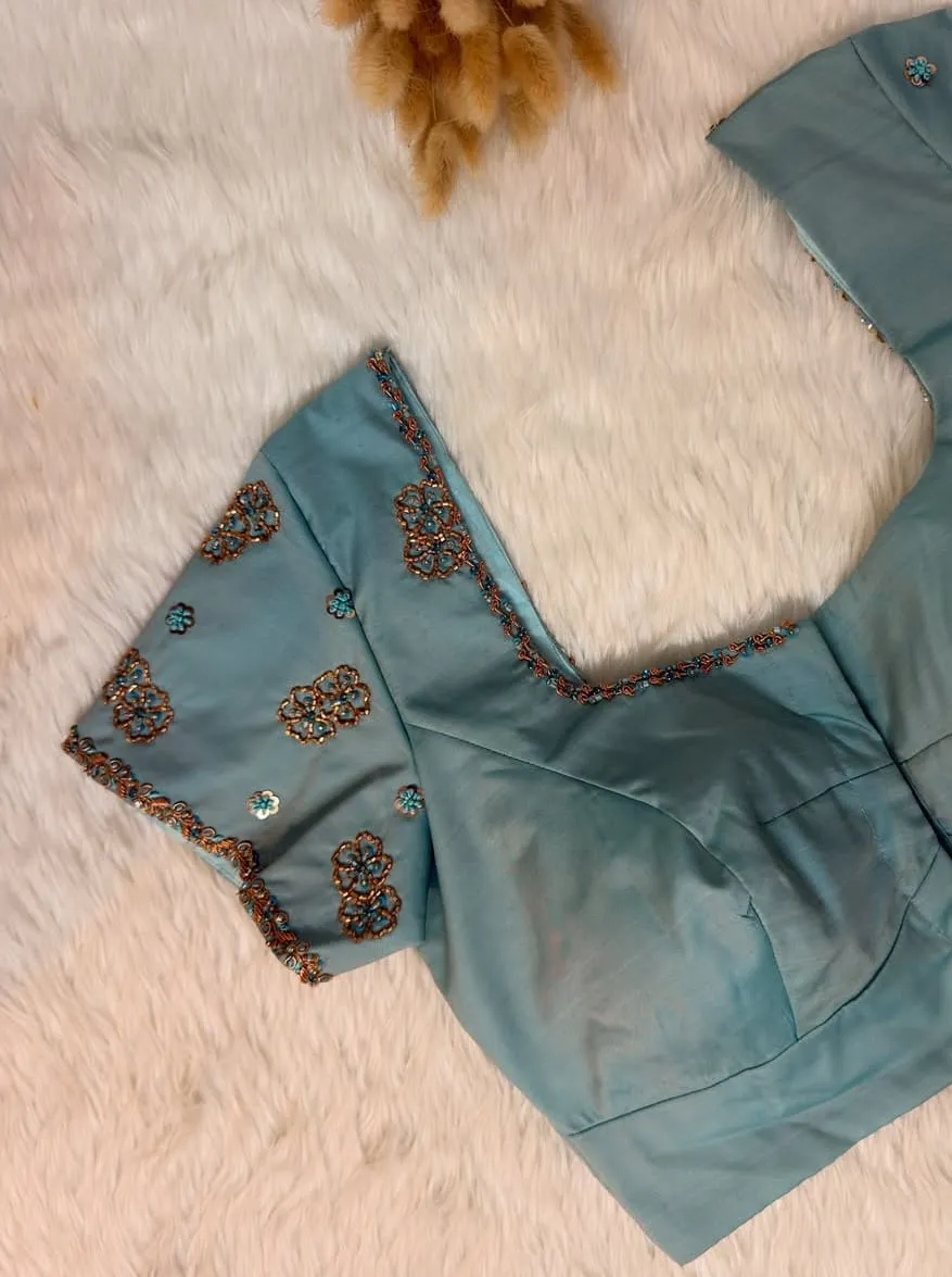 Pastel Sky Blue Silk Saree Blouse – Handcrafted Bronze & Turquoise Floral Beadwork Border for Festive Sarees & Lehengas