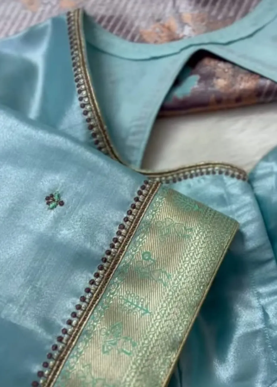 Pastel Sky Blue Silk Saree Blouse with Scalloped Cutout Back & Zari Border Sleeves | Readymade Stitched Designer Blouse