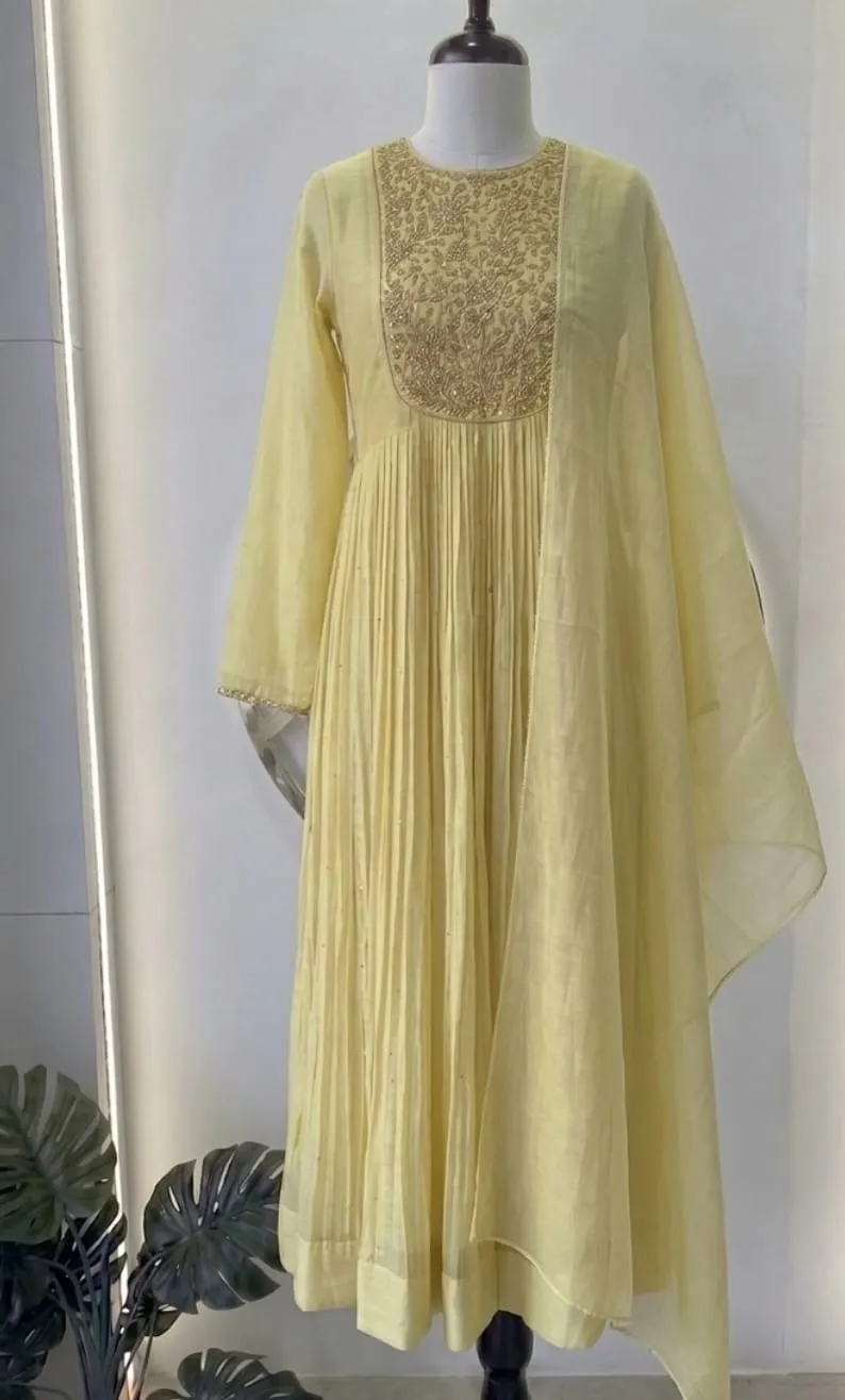 Pastel Yellow Chanderi Silk Anarkali Suit Set | Hand-Embroidered Zari Yoke Pleated Gown with Dupatta