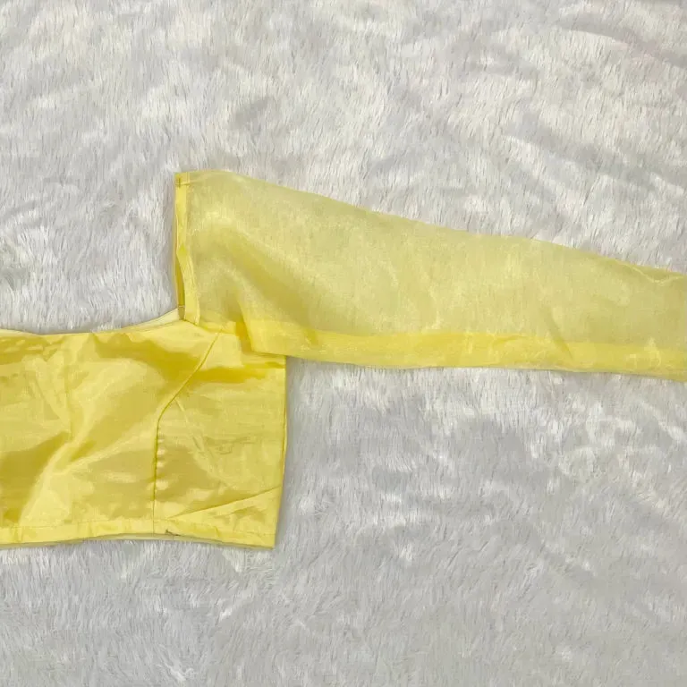 Pastel Yellow Readymade Indian Saree Blouse with Translucent Organza Flutter Sleeves, Square Neck Silk Choli Crop Top for Women