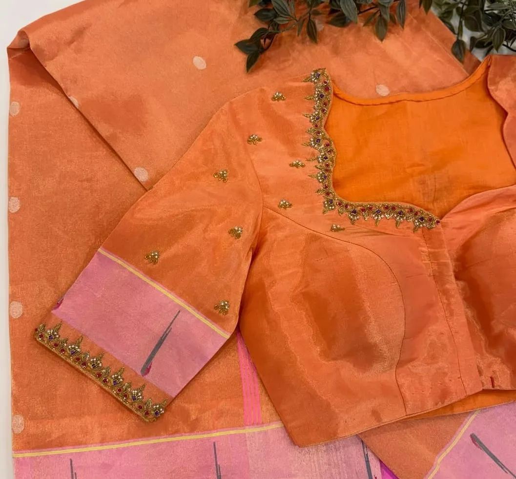 Peach Orange Raw Silk Saree Blouse – Sweetheart Neck Maggam Work with Pink Border Elbow Sleeves & Jhumka Motif Back