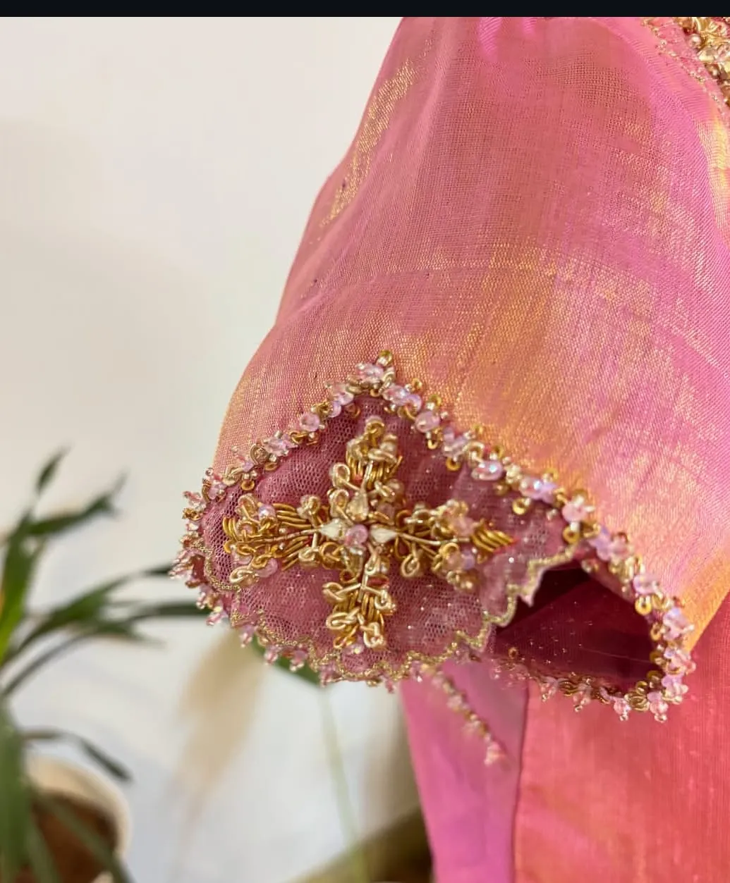 Peach Pink Dual-Tone Silk Saree Blouse with Diamond Cutout Back & Sheer Net Aari Embroidery | Readymade Bridal Blouse