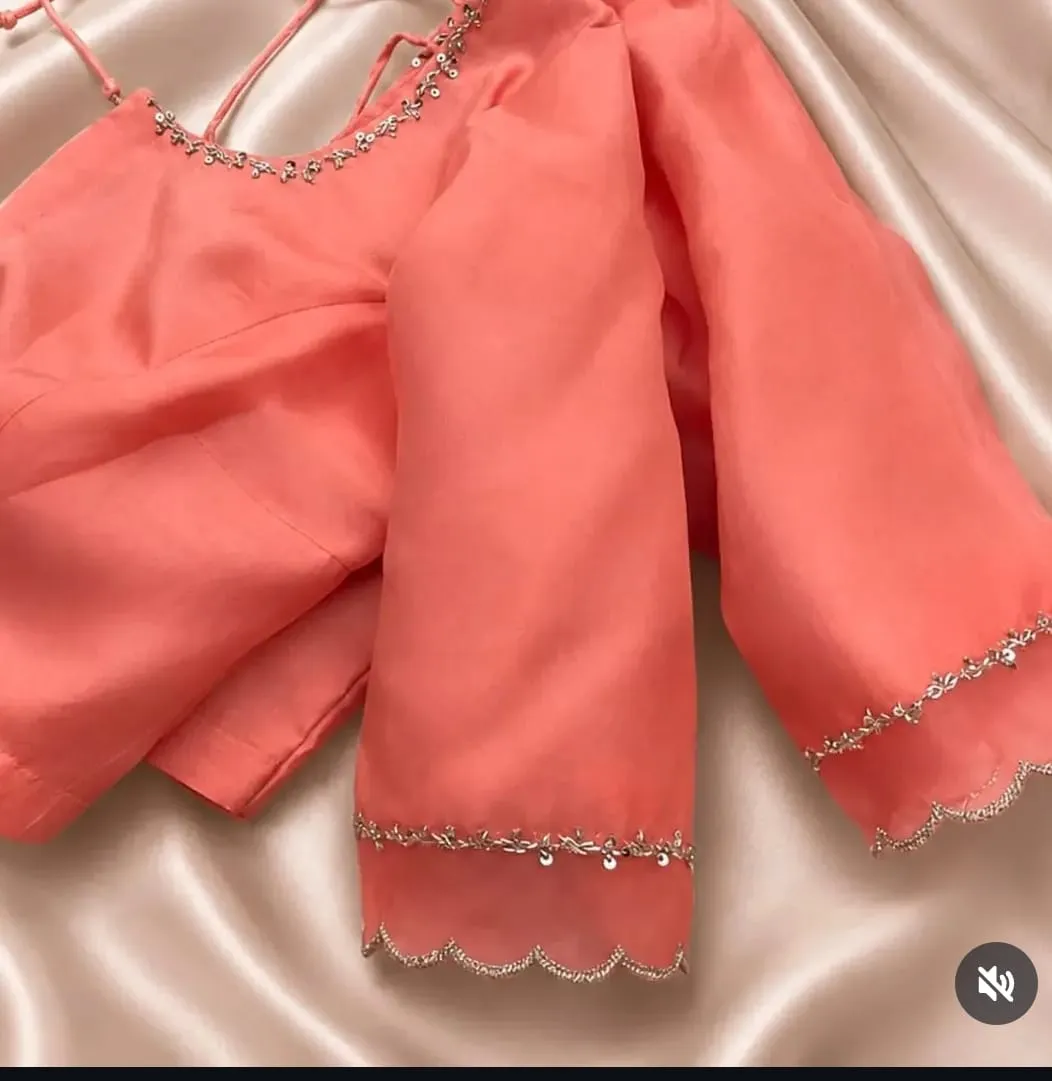 Peach Silk Designer Saree Blouse with Scalloped Sleeves & Hand Embroidery | Buy Readymade Blouses Online