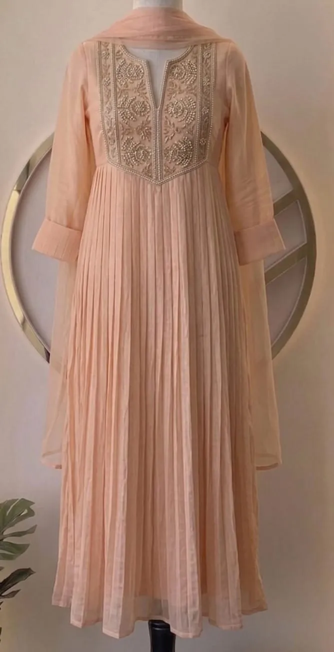 Peach Silk Pleated Anarkali Suit Set with Intricate Pearl & Zardozi Embroidered Yoke | Festive Wedding Kurta Set 1