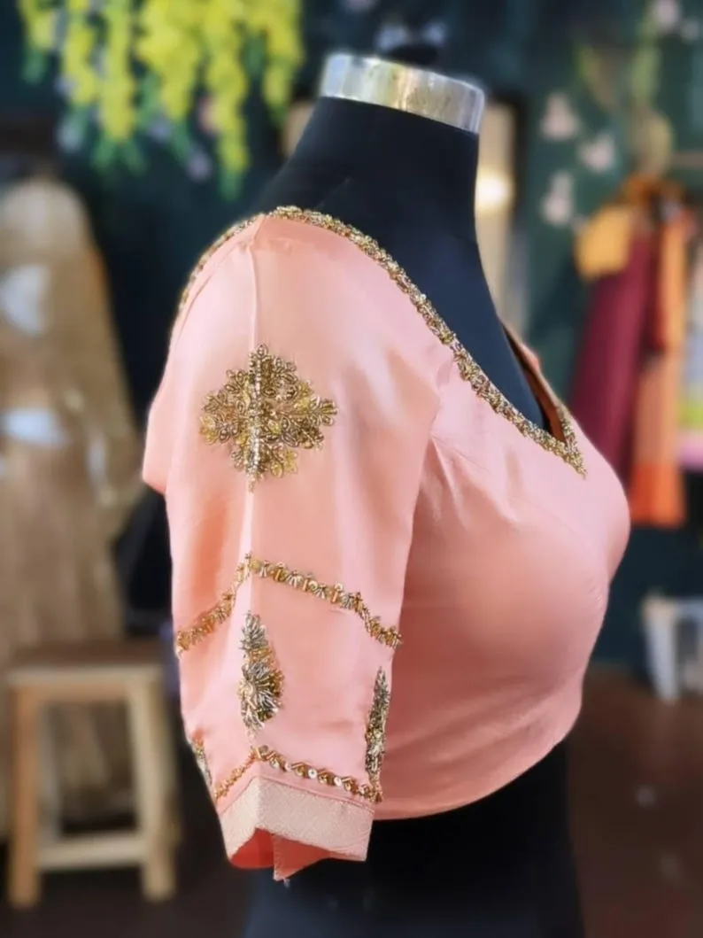 Peach Silk Sweetheart Neck Blouse - Antique Gold Zardozi Medallion Sleeve Saree Blouse