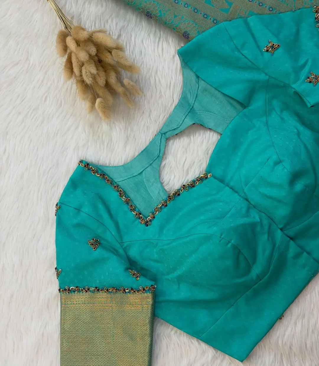 Peacock Blue Aari Work Designer Saree Blouse