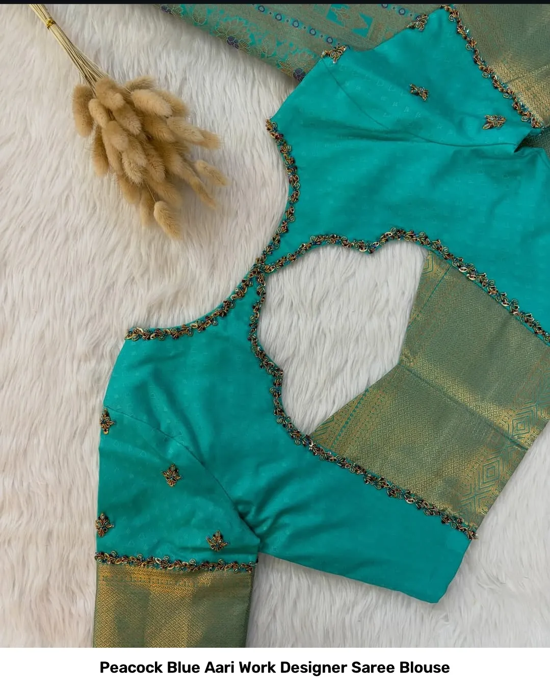 Peacock Blue Aari Work Designer Saree Blouse 2