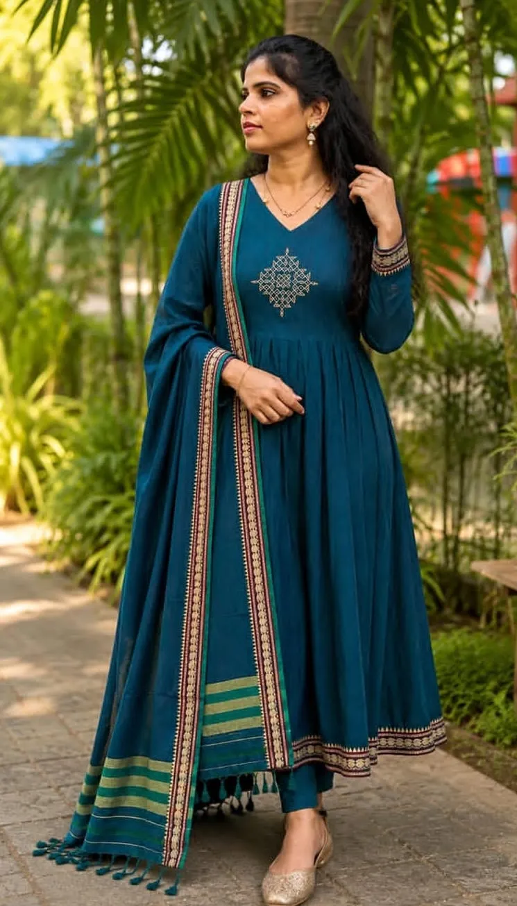 Peacock Blue Flared Anarkali Kurta Set with Zari Border Dupatta | Festive Ethnic Wear