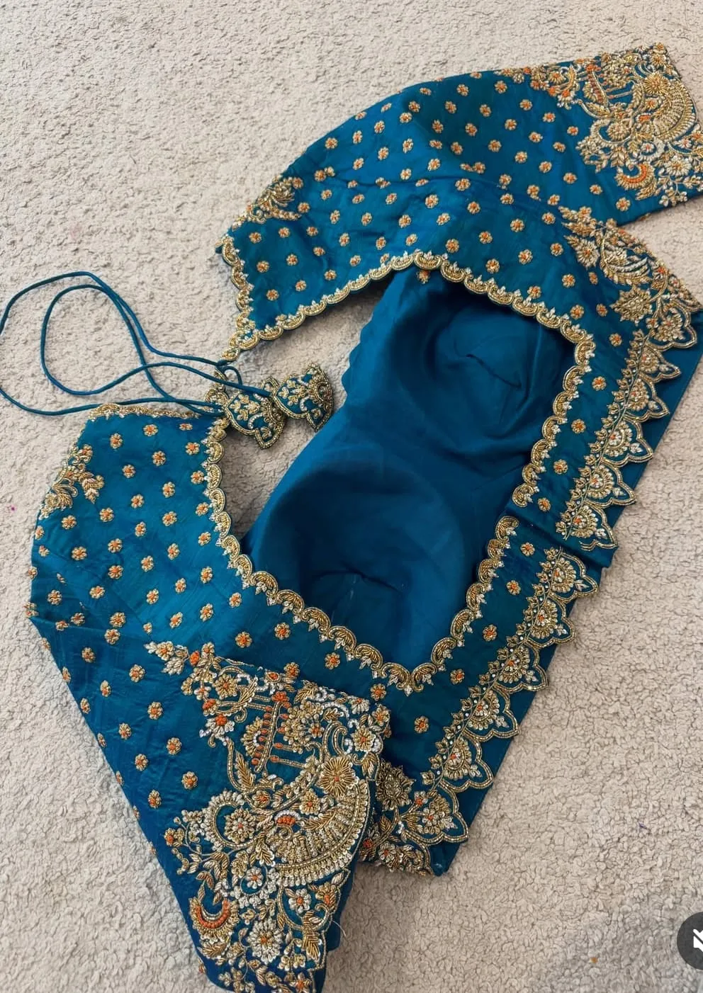 Peacock Blue Raw Silk Saree Blouse | Hand Embroidered Maggam Work with Scalloped Neck