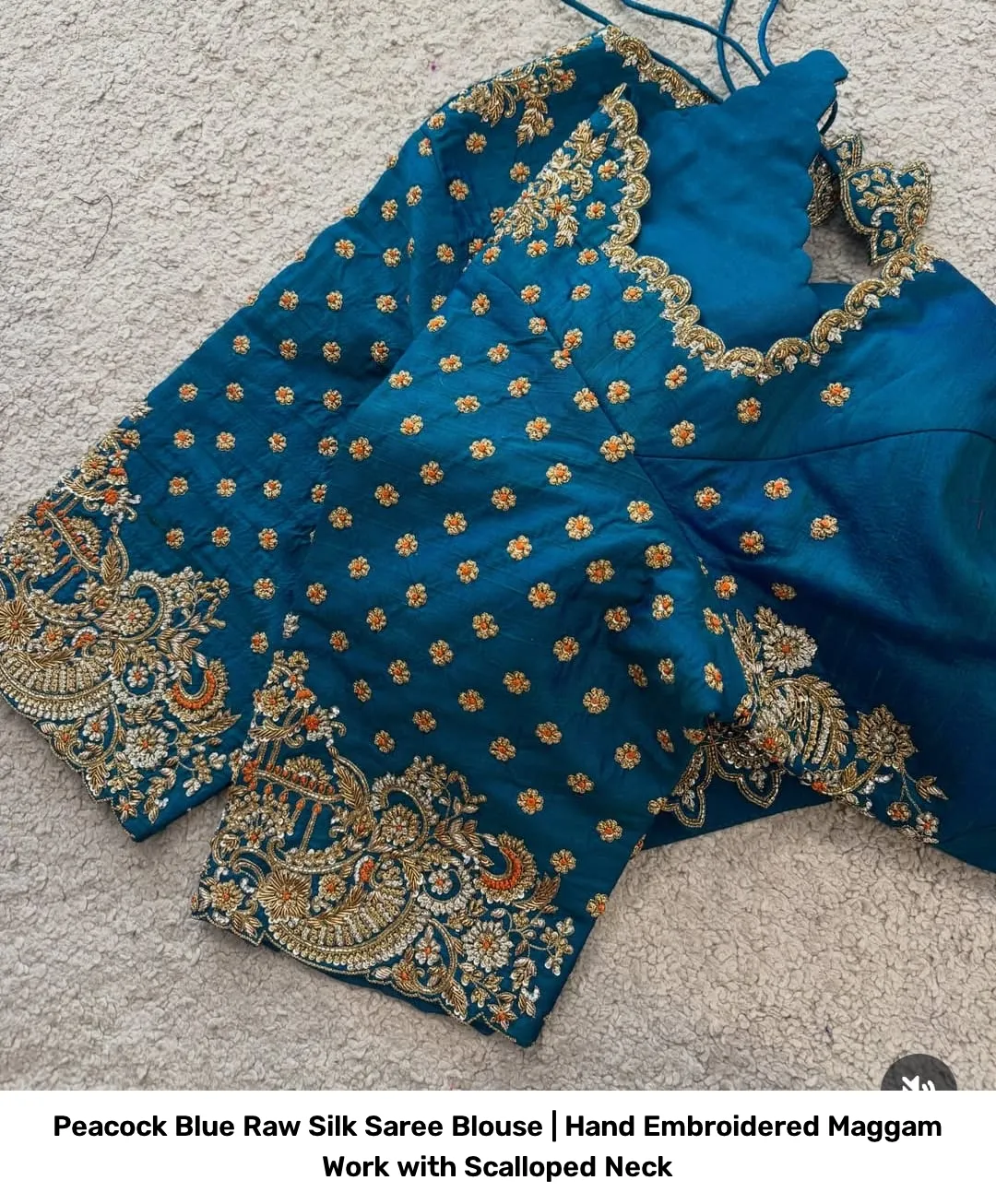 Peacock Blue Raw Silk Saree Blouse | Hand Embroidered Maggam Work with Scalloped Neck 2