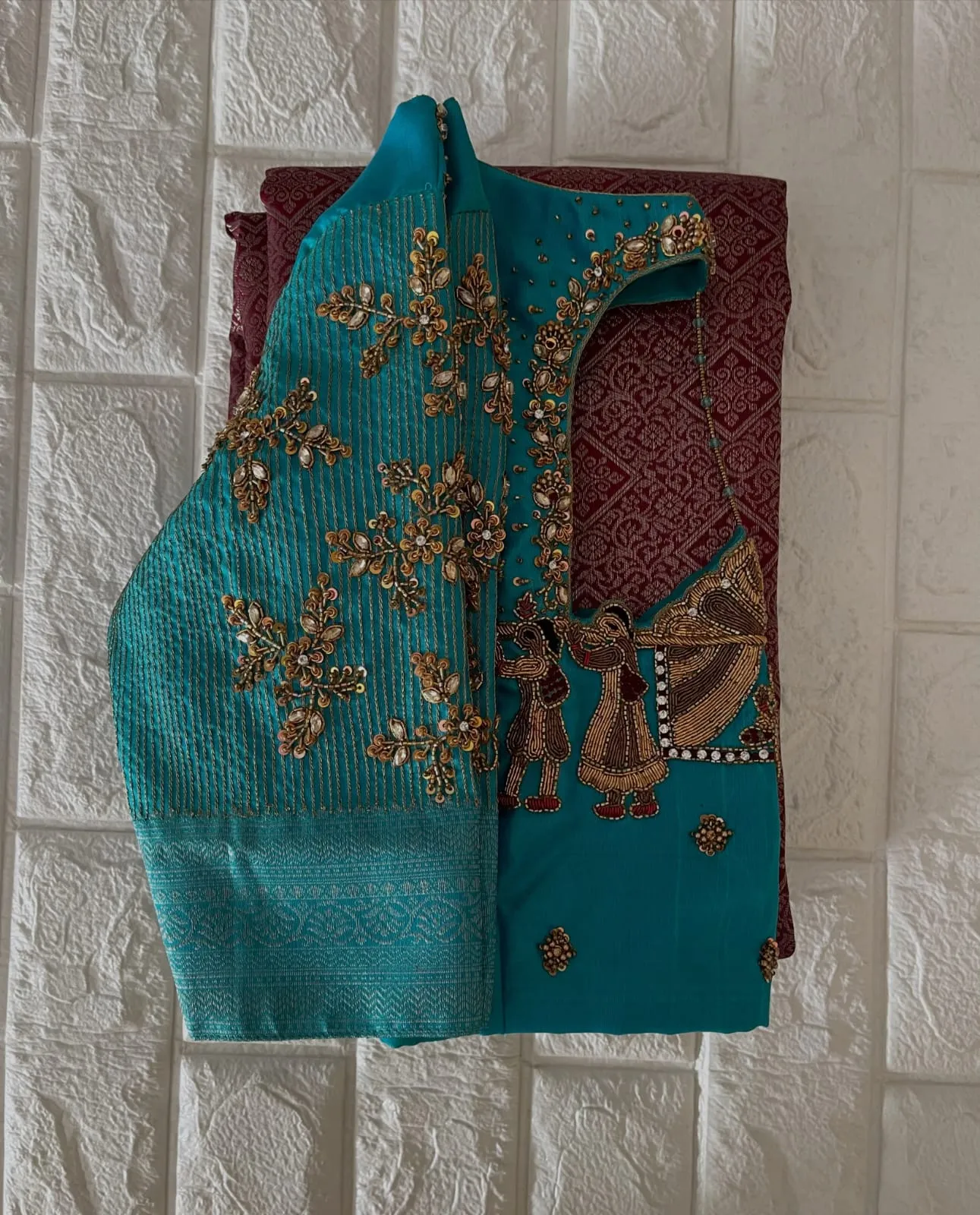 Peacock Blue Silk Readymade Bridal Blouse with Handcrafted Doli Palki Embroidery & Zari Work Sleeves | Designer Wedding Saree Blouse