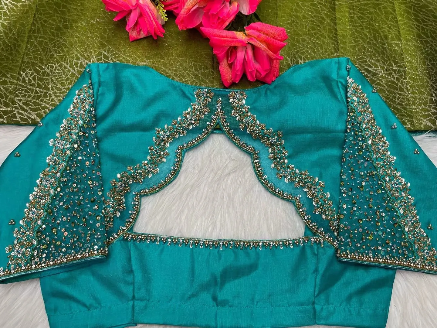 Peacock Blue Silk Saree Blouse | Hand Embroidered Scallop Cutout Back Choli 1