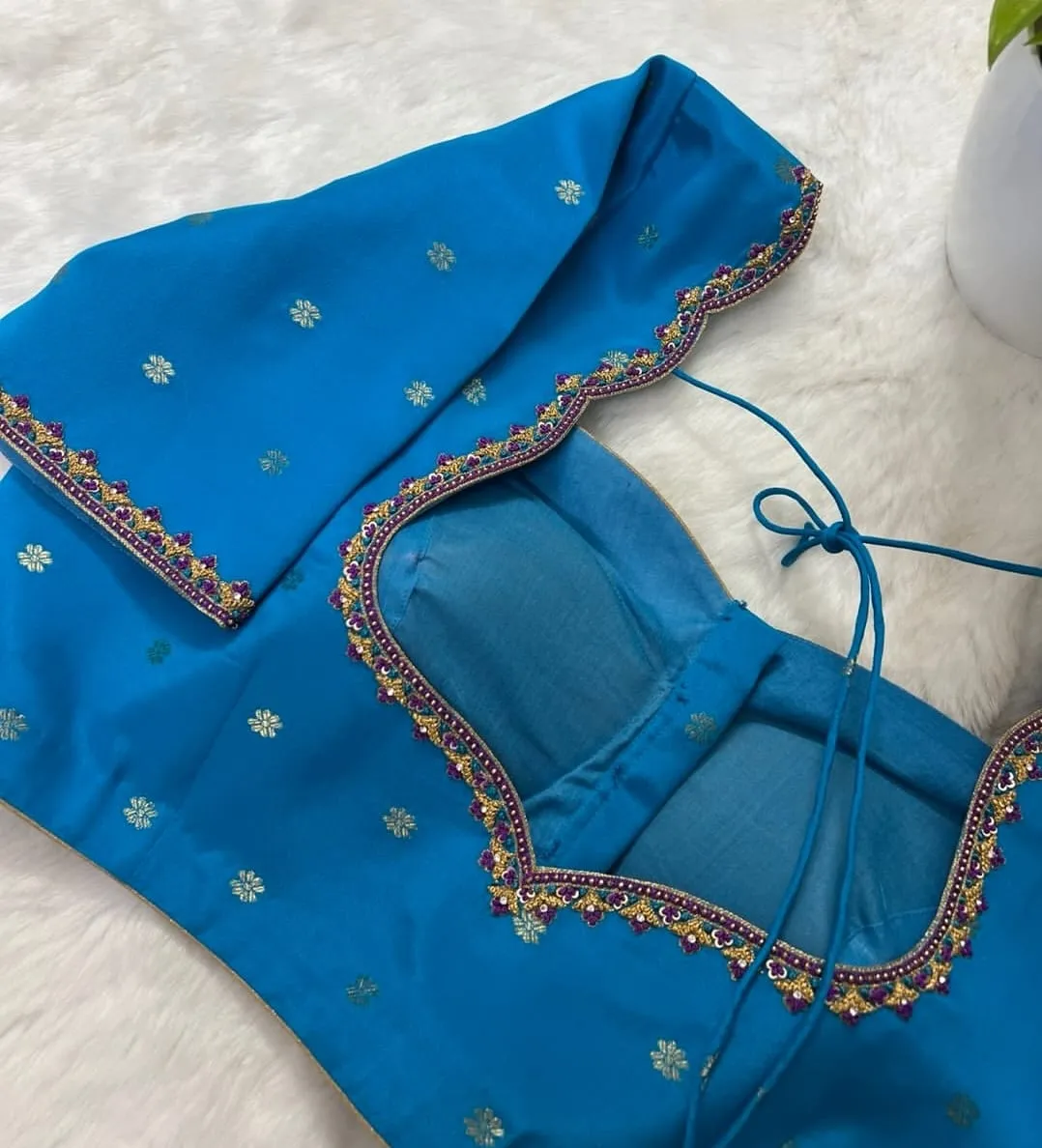 Peacock Blue Silk Saree Blouse with Purple Bead Border & Dori Tassels | Padded Readymade / Stitched Designer Blouse
