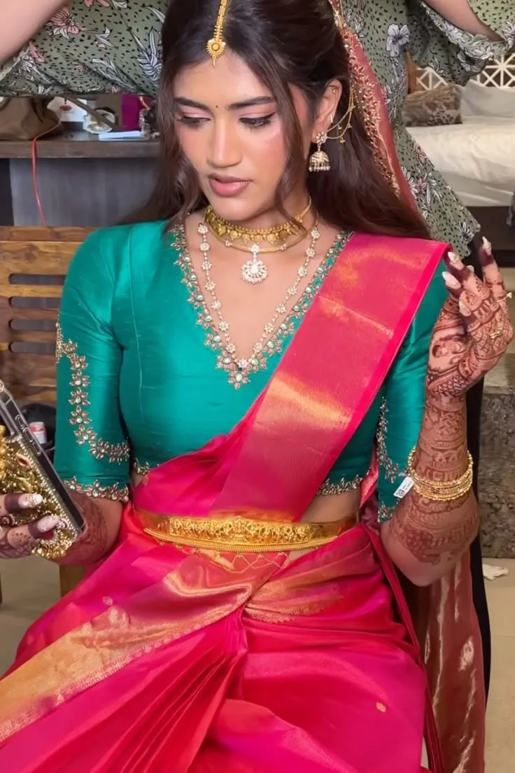 Peacock Green Raw Silk Bridal Blouse | Handcrafted Zardosi V-Neck Maggam Work Saree Blouse with Scalloped Borders