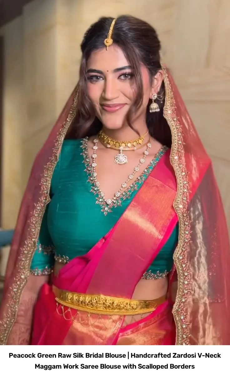 Peacock Green Raw Silk Bridal Blouse | Handcrafted Zardosi V-Neck Maggam Work Saree Blouse with Scalloped Borders 2