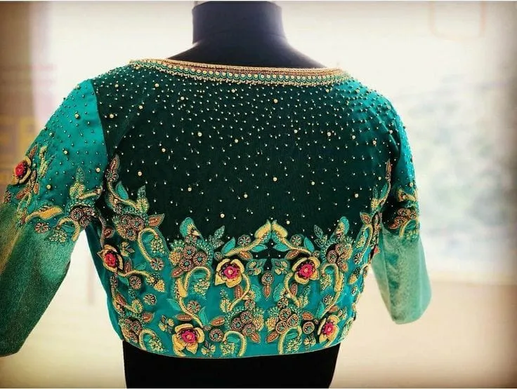 Peacock Green Raw Silk Saree Blouse | Heavy Hand Embroidered Maggam Work Back Neck