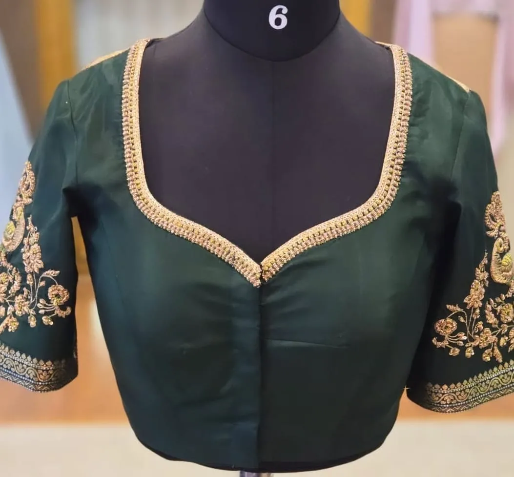 Peacock Maggam Work Dark Green Silk Blouse | Readymade Wedding Blouse Online