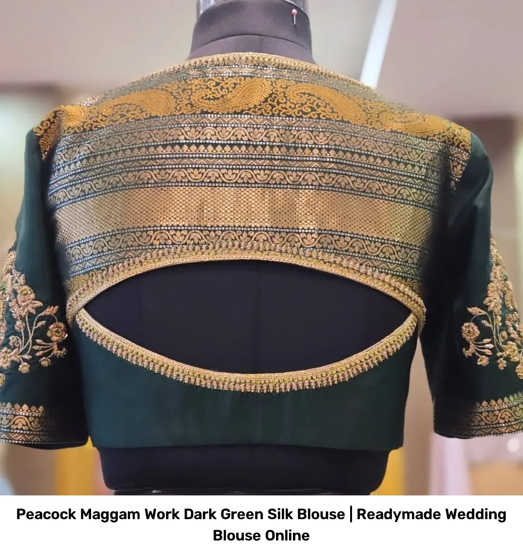 Peacock Maggam Work Dark Green Silk Blouse | Readymade Wedding Blouse Online 3