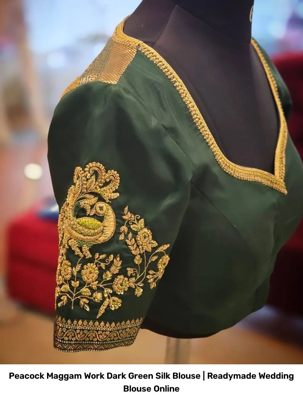 Peacock Maggam Work Dark Green Silk Blouse | Readymade Wedding Blouse Online 4