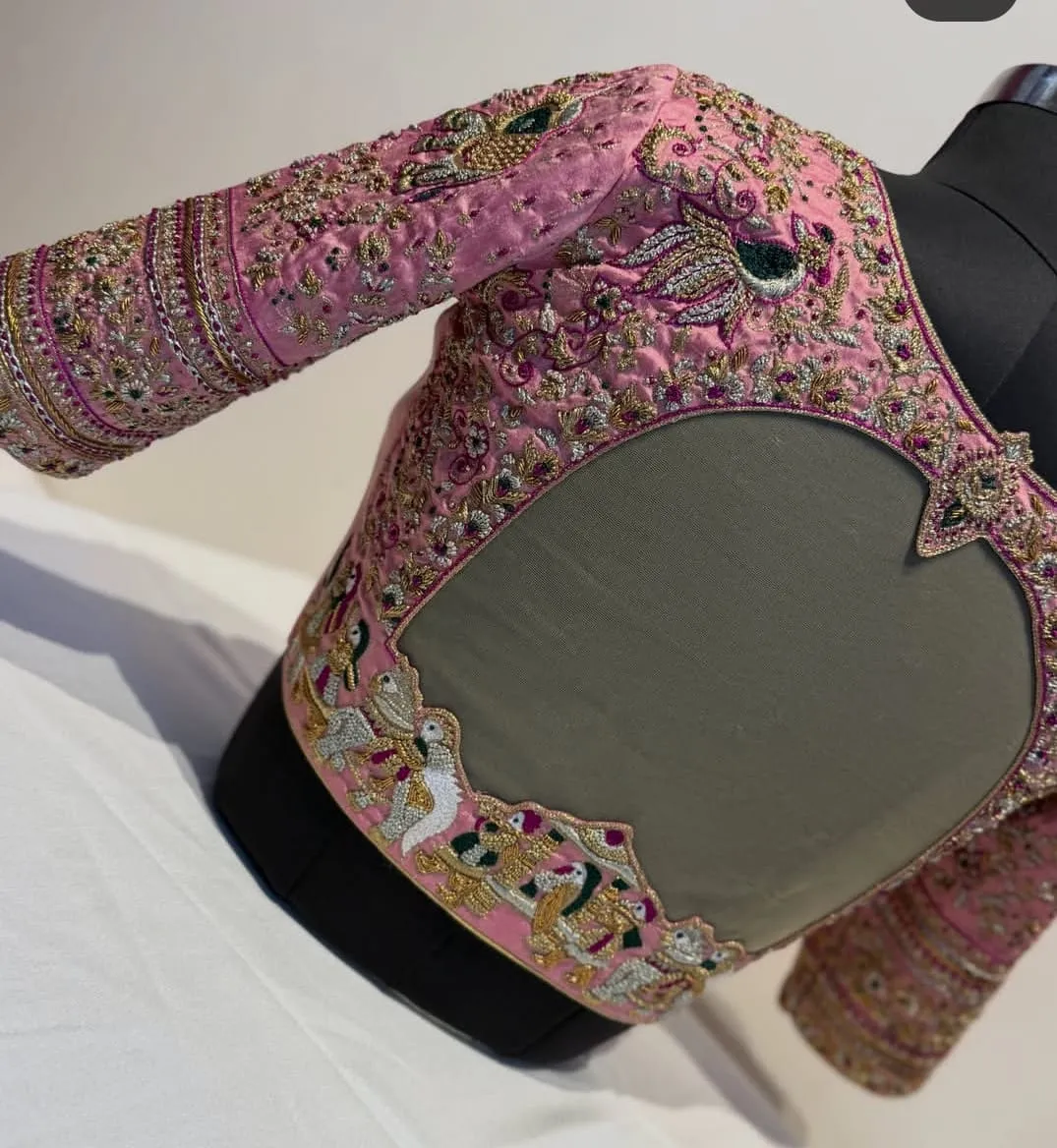Pink Bridal Hand Embroidered Designer Blouse with Peacock & Elephant Motifs | Readymade Blouses 1