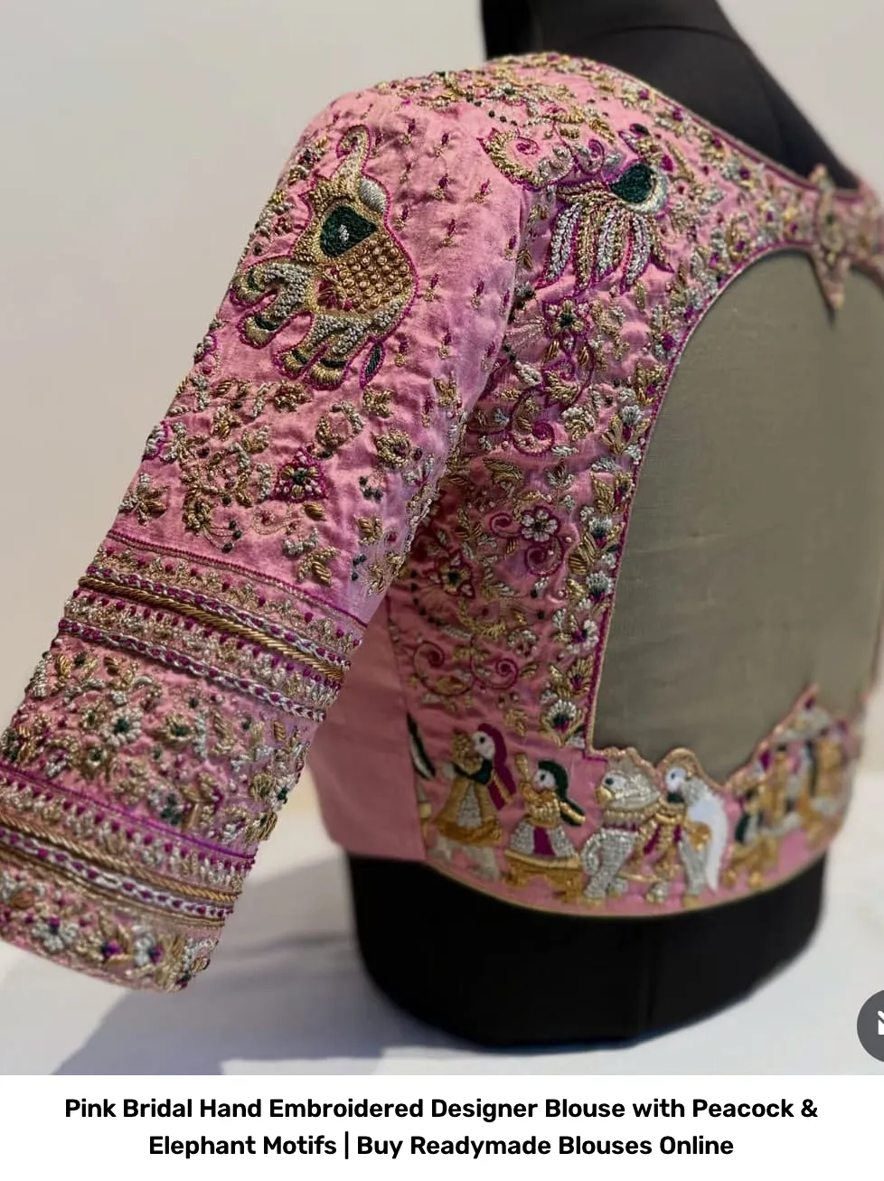 Pink Bridal Hand Embroidered Designer Blouse with Peacock & Elephant Motifs | Readymade Blouses 2