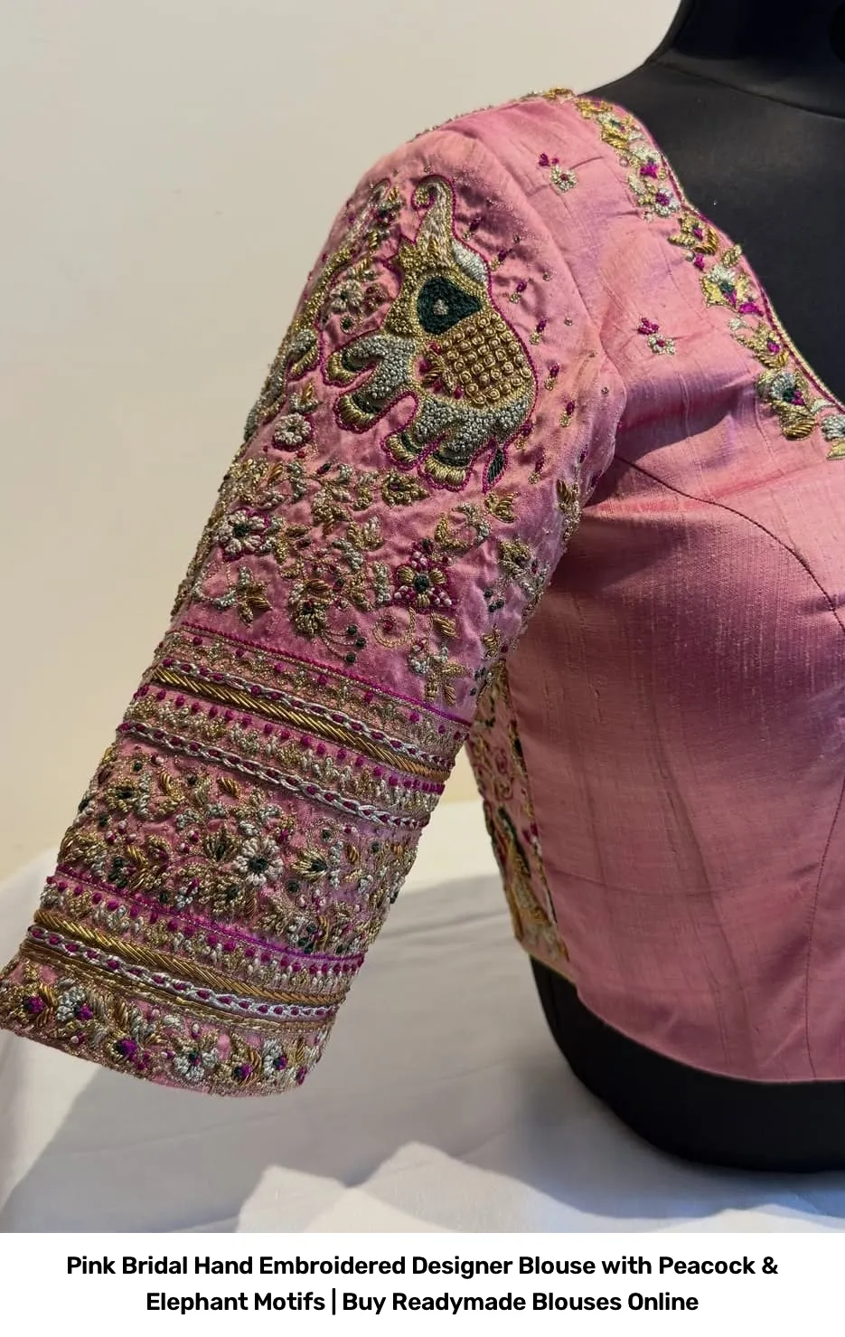 Pink Bridal Hand Embroidered Designer Blouse with Peacock & Elephant Motifs | Readymade Blouses 3
