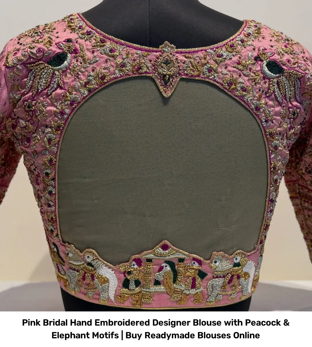 Pink Bridal Hand Embroidered Designer Blouse with Peacock & Elephant Motifs | Readymade Blouses 4