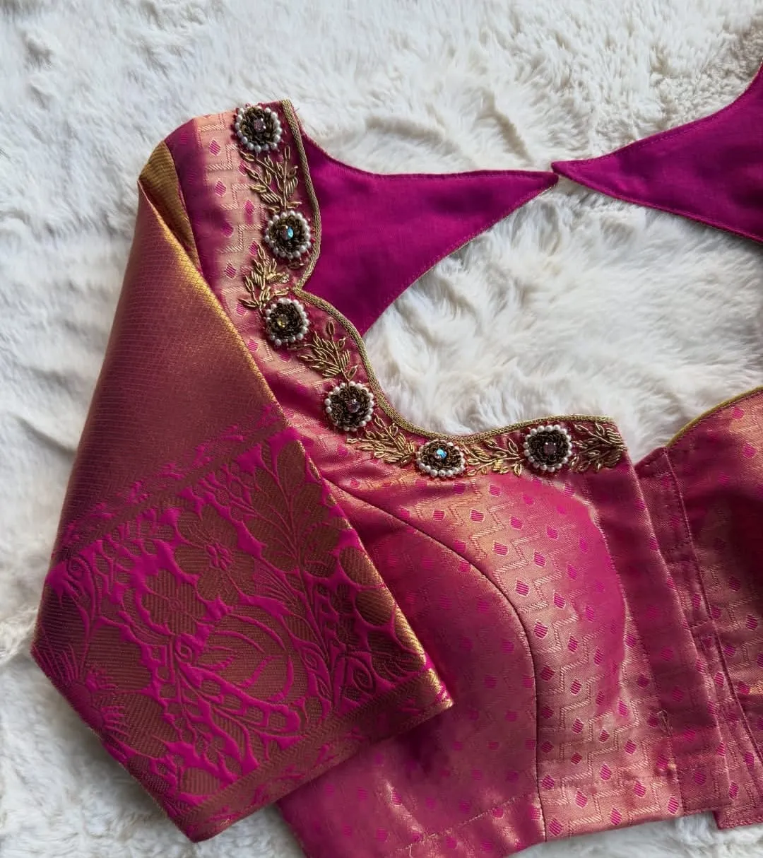 Pink Brocade Silk Saree Blouse with Pearl Floral Border & Cutout Back Neck