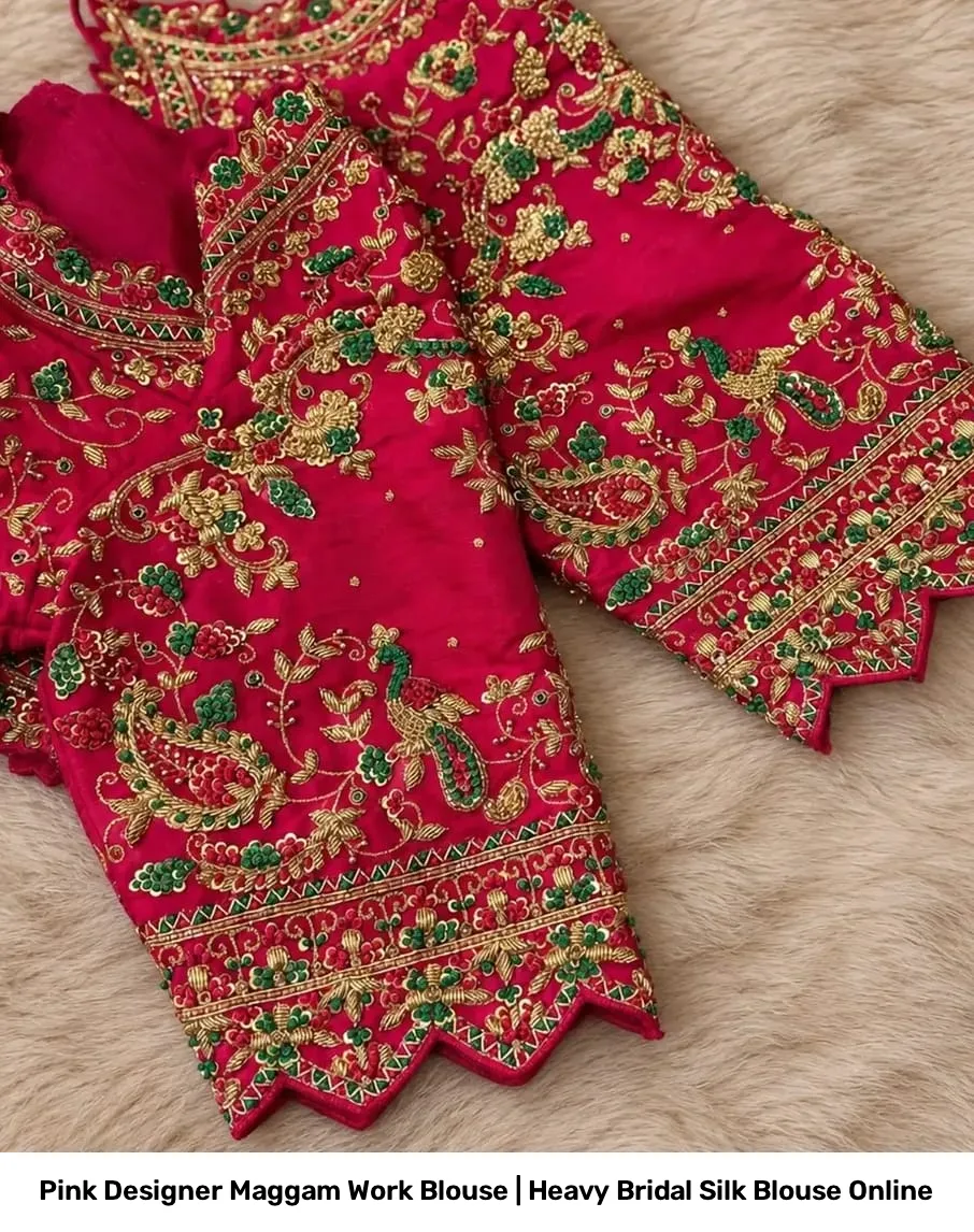 Pink Designer Maggam Work Blouse | Heavy Bridal Silk Blouse Online 3