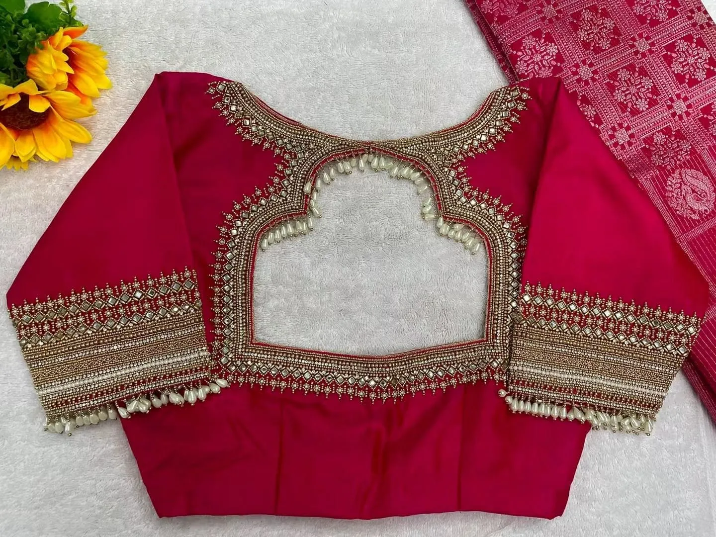 Pink Designer Maggam Work Blouse | Heavy Mirror & Pearl Drop Saree Blouse 1