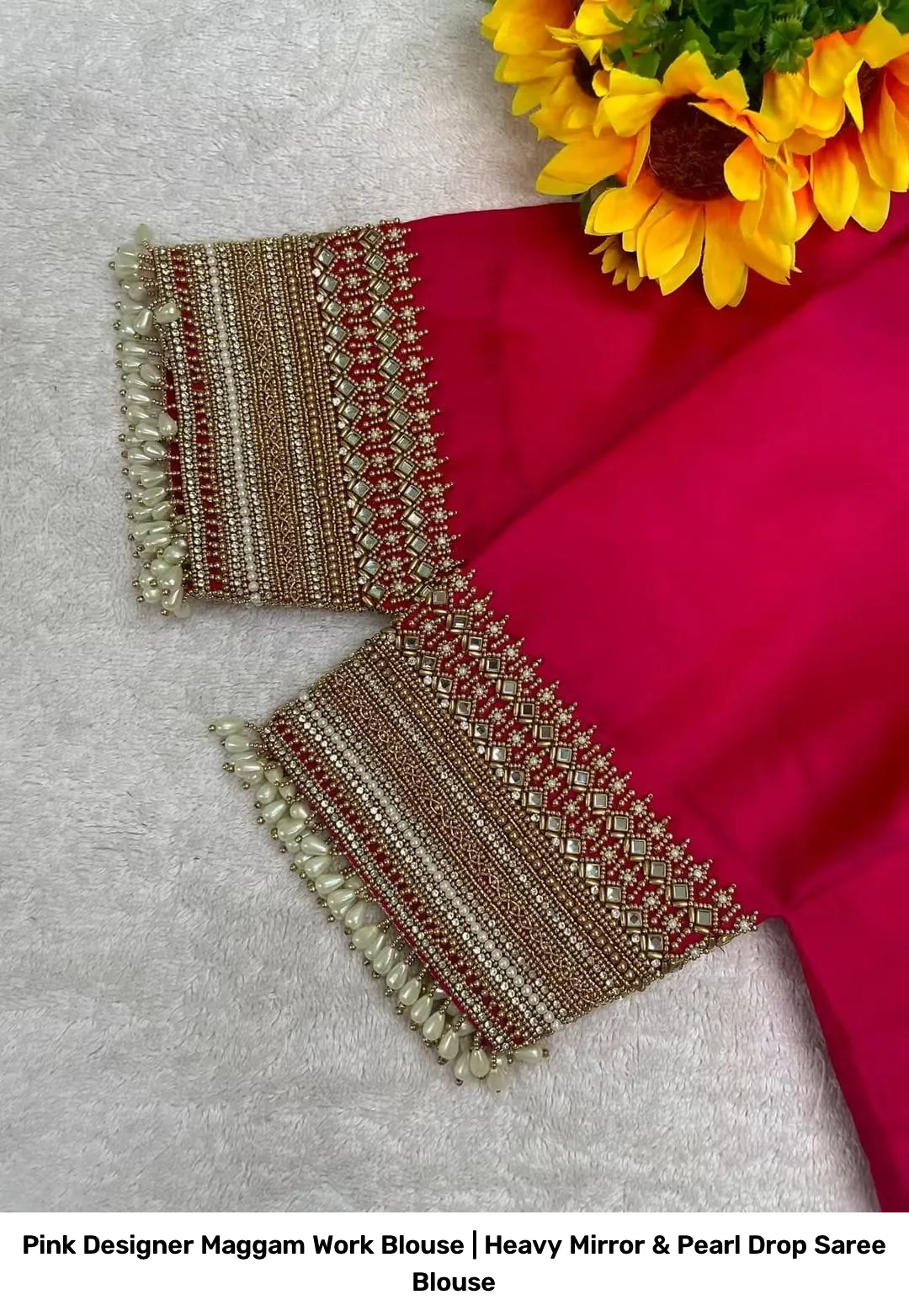 Pink Designer Maggam Work Blouse | Heavy Mirror & Pearl Drop Saree Blouse 2